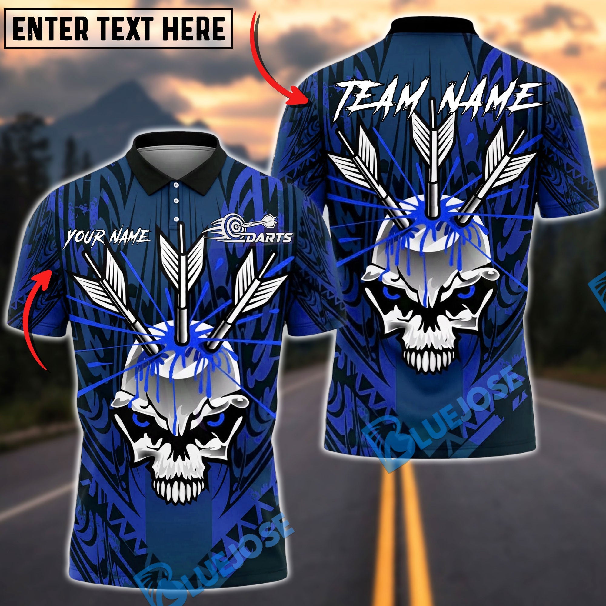BlueJose Darts Skull Tribal Warrior Blood Arrow Personalized Name, Team Name Unisex Shirt (4 Colors)
