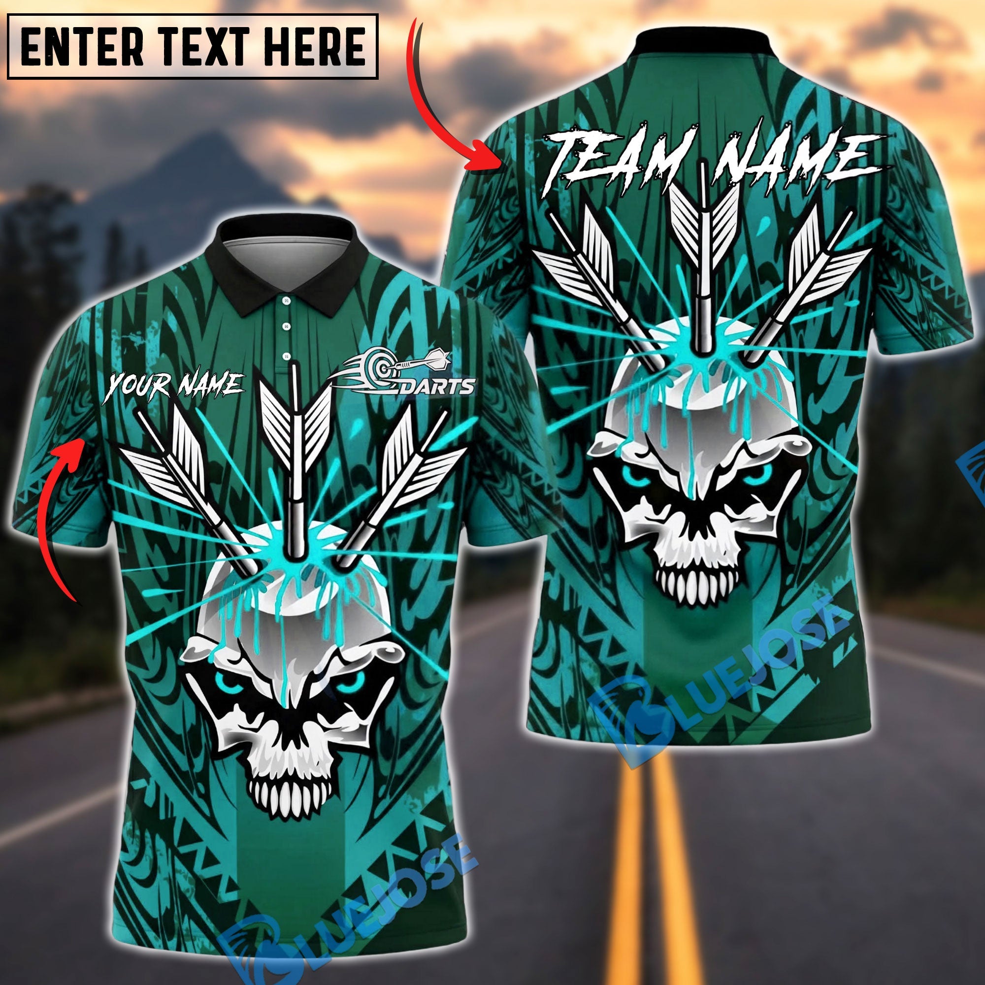 BlueJose Darts Skull Tribal Warrior Blood Arrow Personalized Name, Team Name Unisex Shirt (4 Colors)