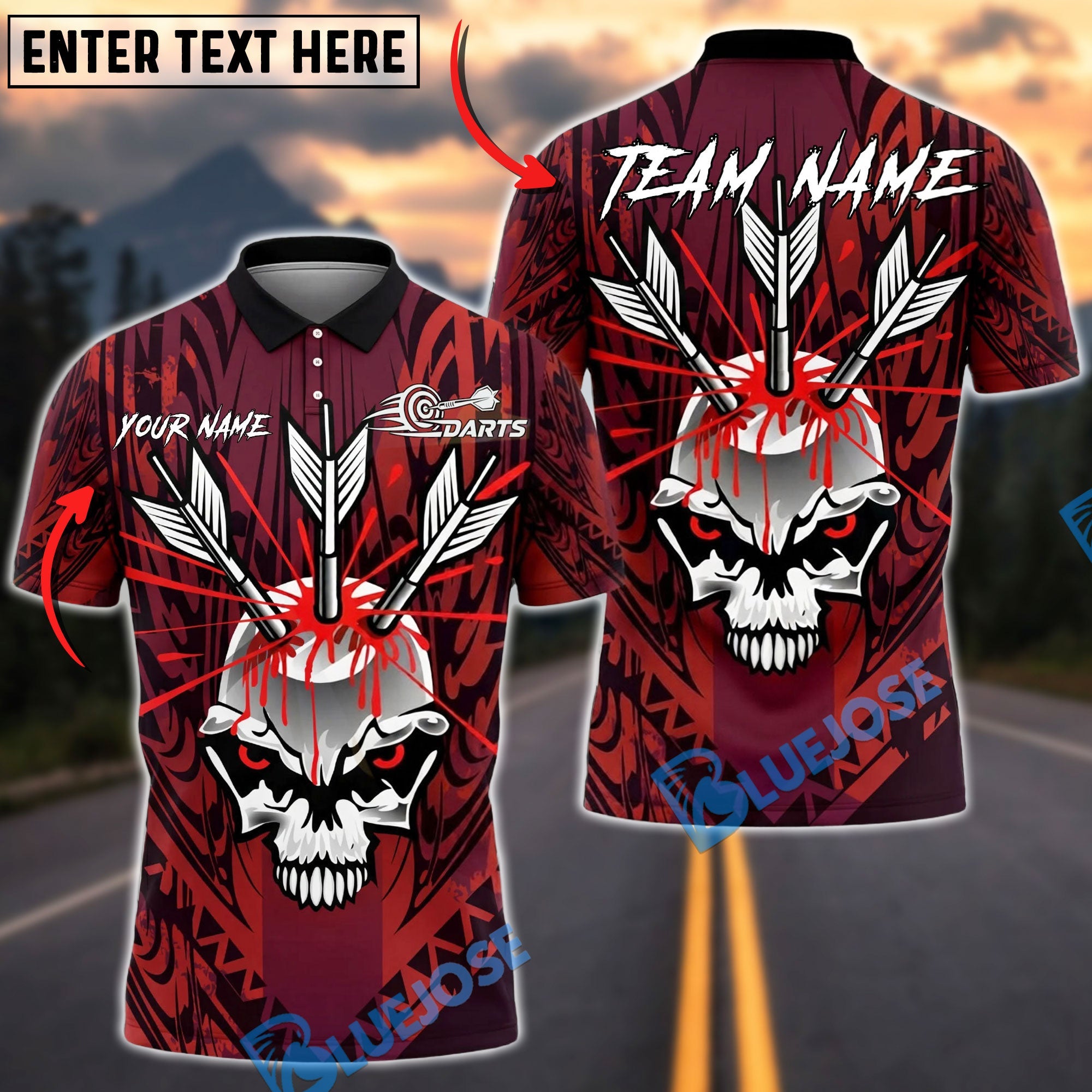 BlueJose Darts Skull Tribal Warrior Blood Arrow Personalized Name, Team Name Unisex Shirt (4 Colors)