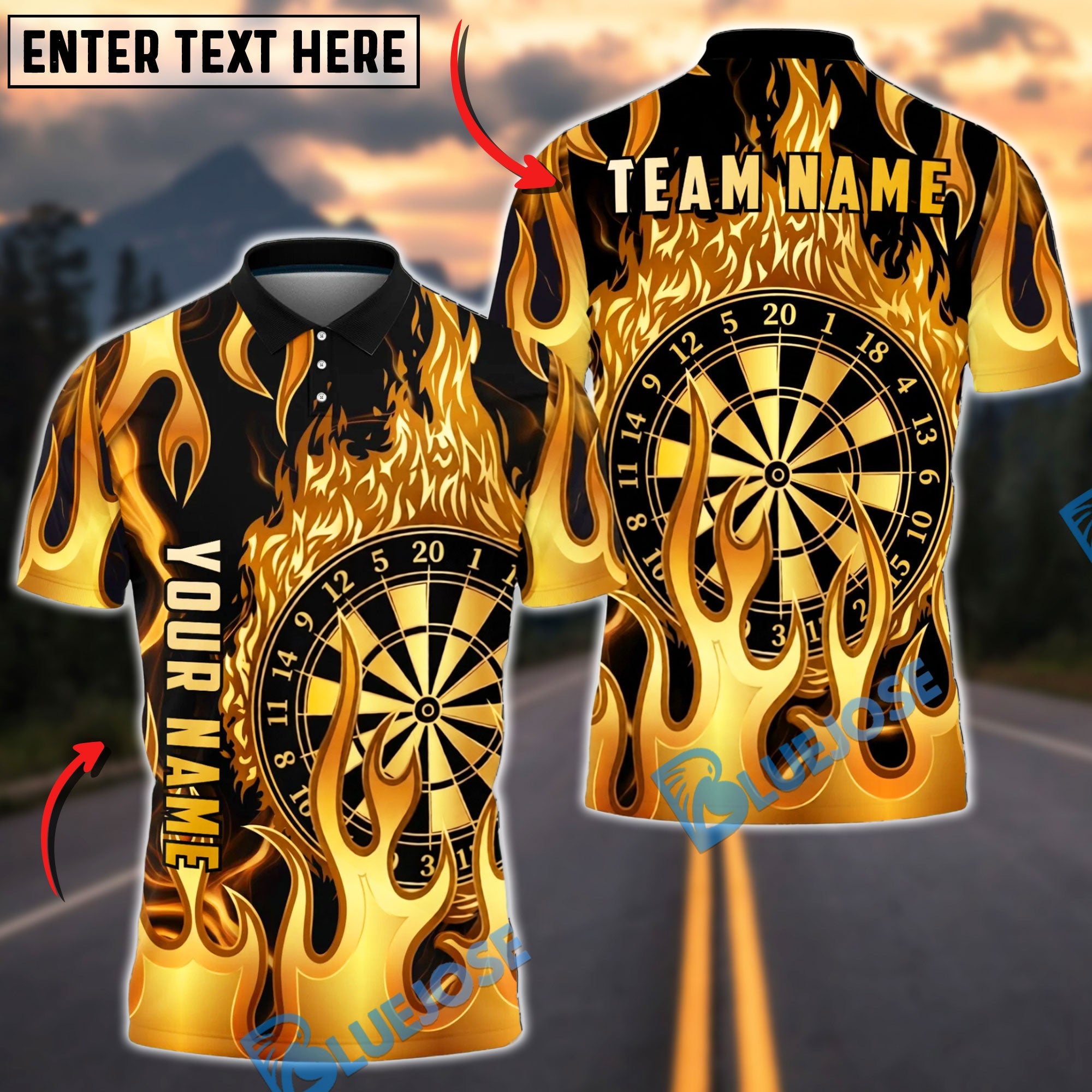 BlueJose Darts Golden Plate Flame Dartboard Personalized Name, Team Name Unisex Shirt (6 Colors)