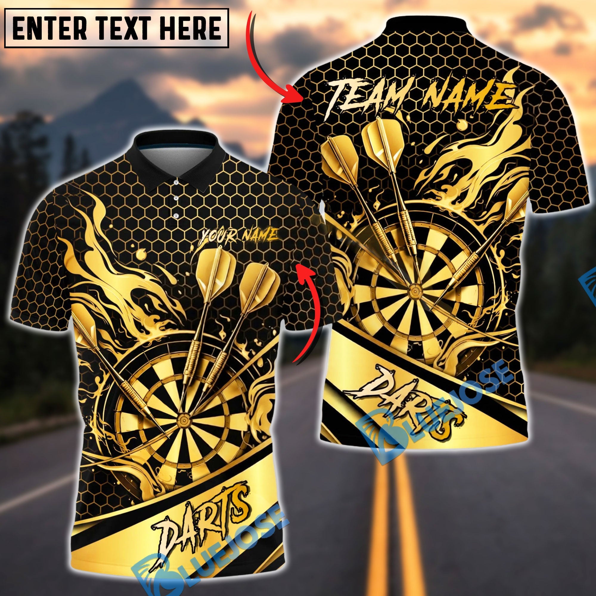 BlueJose Darts Golden Flame Honeycomb Dartboard Personalized Name, Team Name Unisex Shirt (6 Colors)