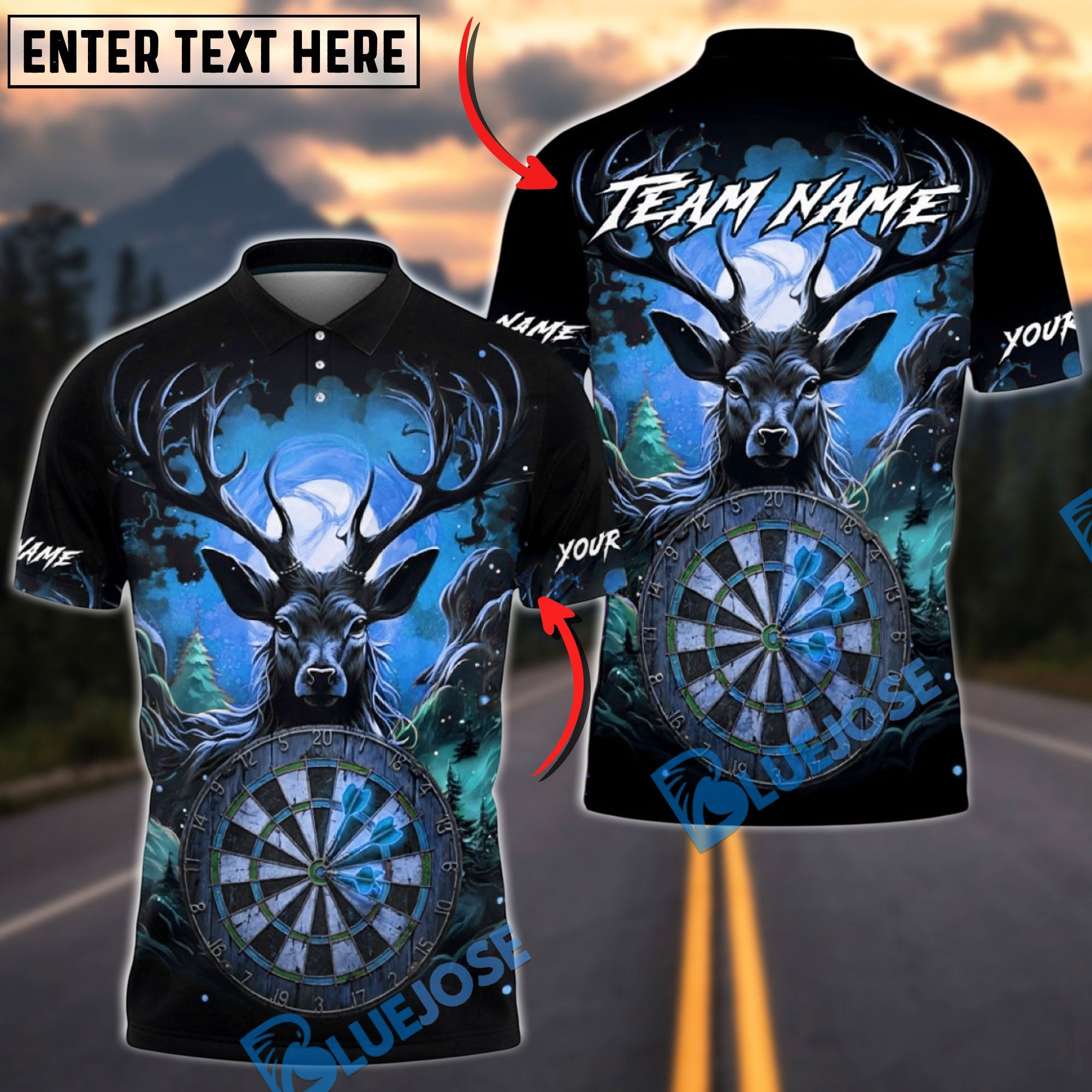 BlueJose Darts Majestic Deer Forest Dartboard Art Multicolor Options Personalized Name Shirt (4 Colors)