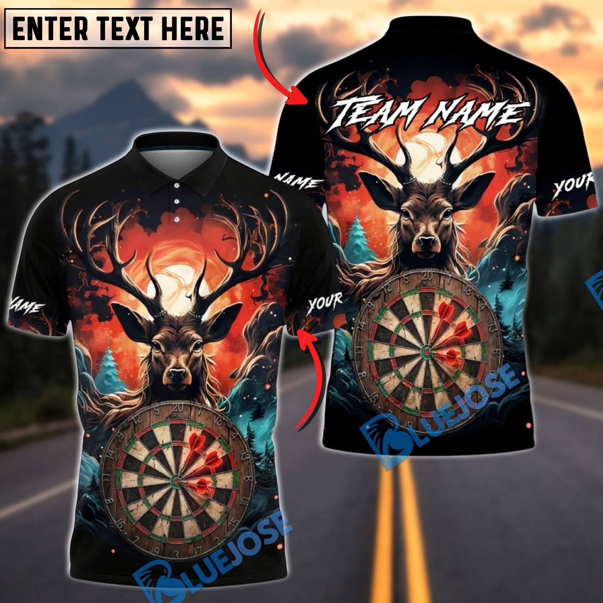 BlueJose Darts Majestic Deer Forest Dartboard Art Multicolor Options Personalized Name Shirt (4 Colors)