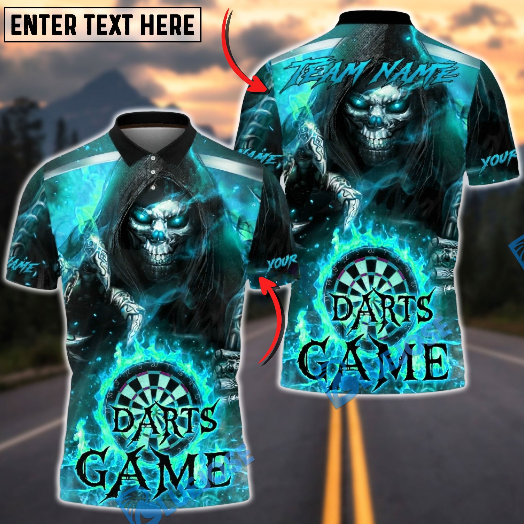 BlueJose Darts Grim Reaper Fire Dartboard Darts Game Design Multicolor Options Personalized Name Shirt (4 Colors)