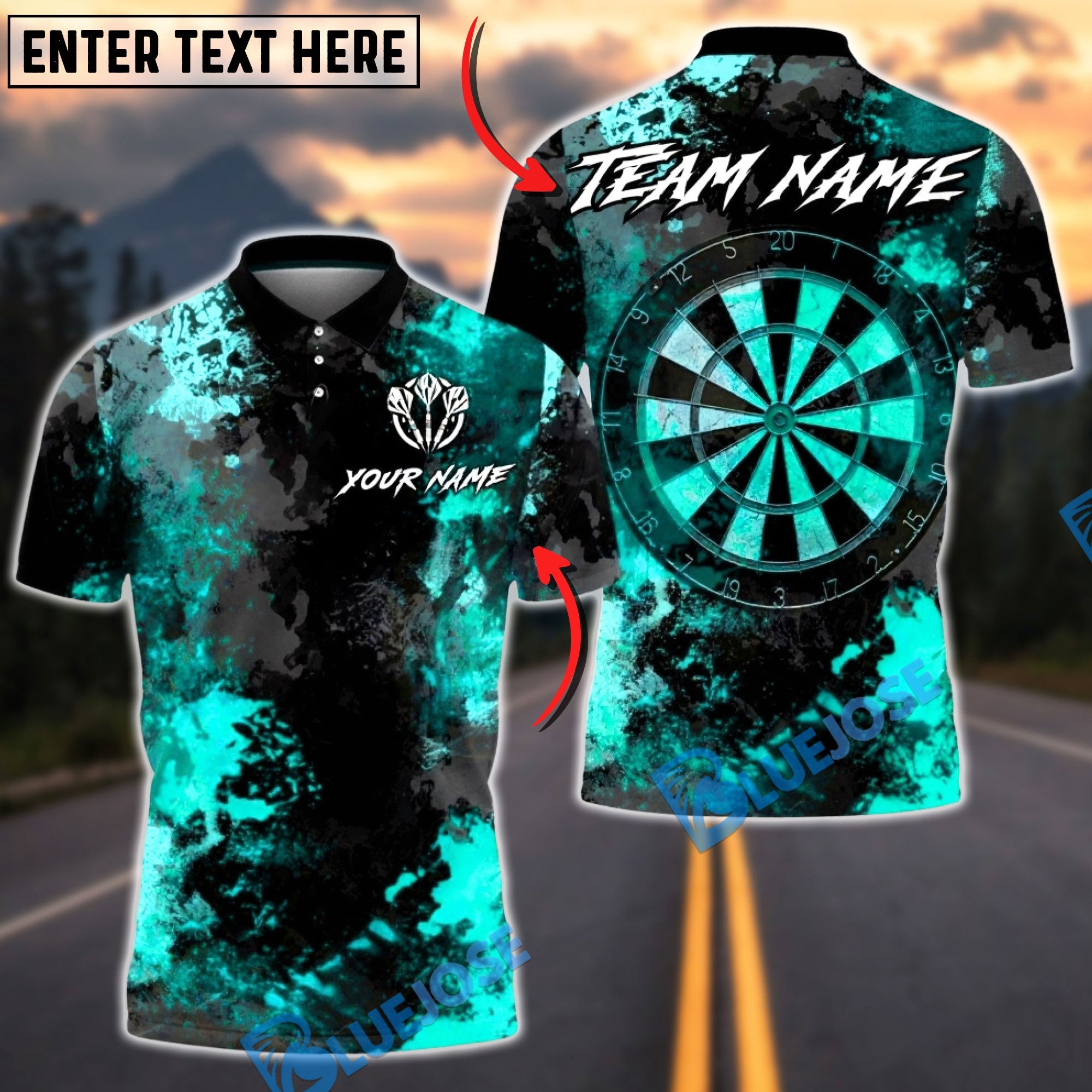 BlueJose Darts Grunge Dartboard Abstract Texture Multicolor Options Personalized Name Shirt (4 Colors)