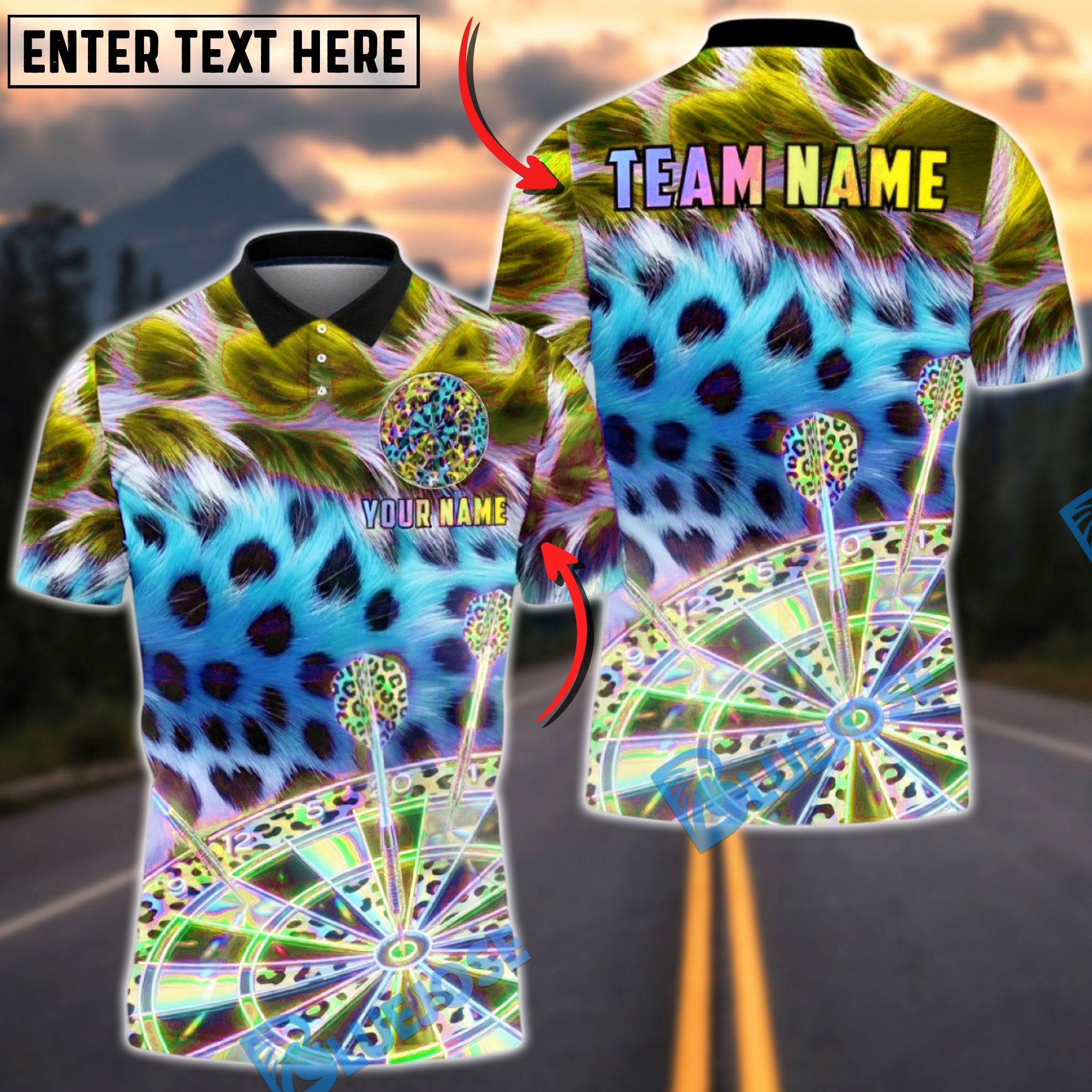 BlueJose Darts Leopard Fur Pattern Dartboard Art Multicolor Options Personalized Name Shirt (4 Colors)