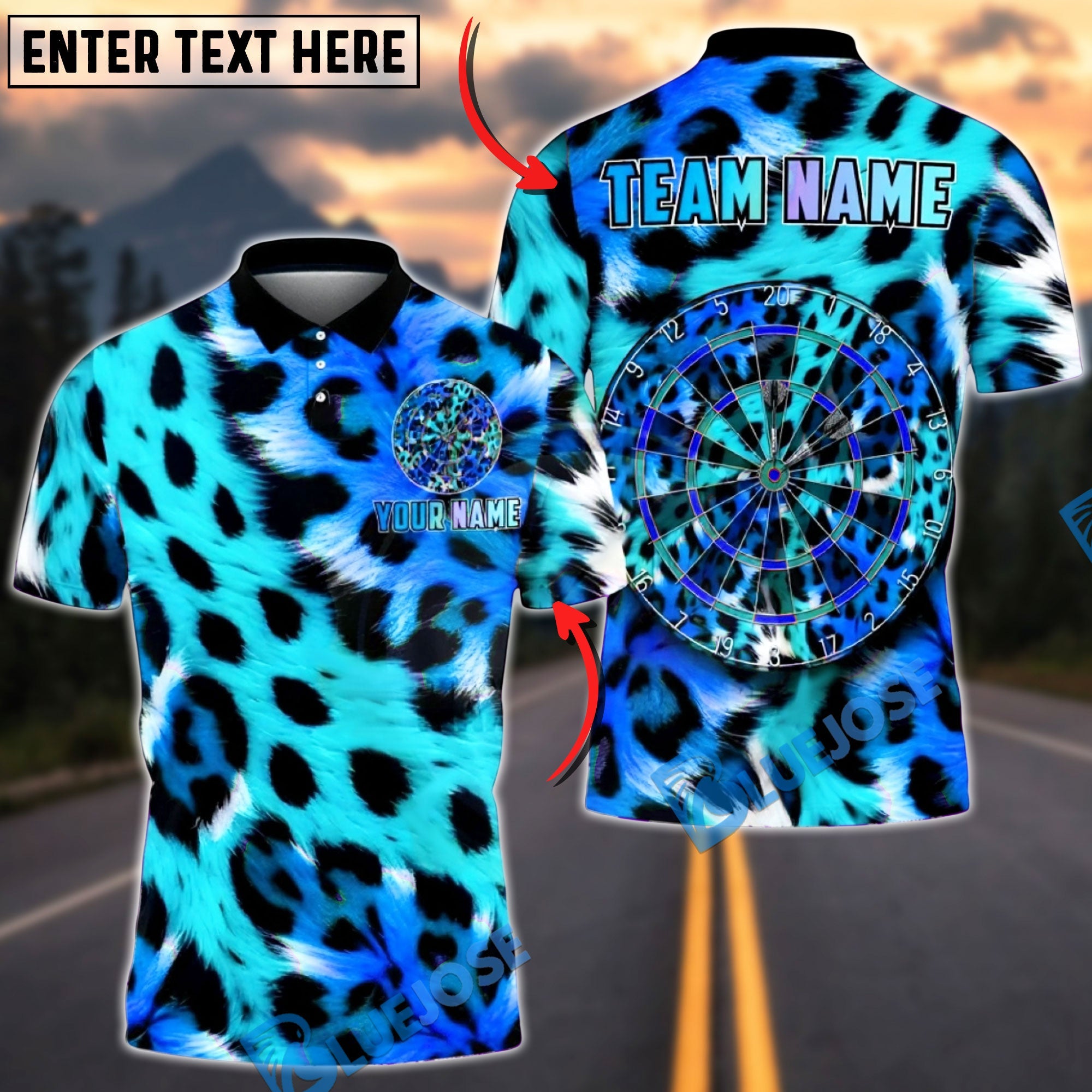 BlueJose Darts Neon Leopard Print Darboard Graphic Multicolor Options Personalized Name Shirt (6 Colors)