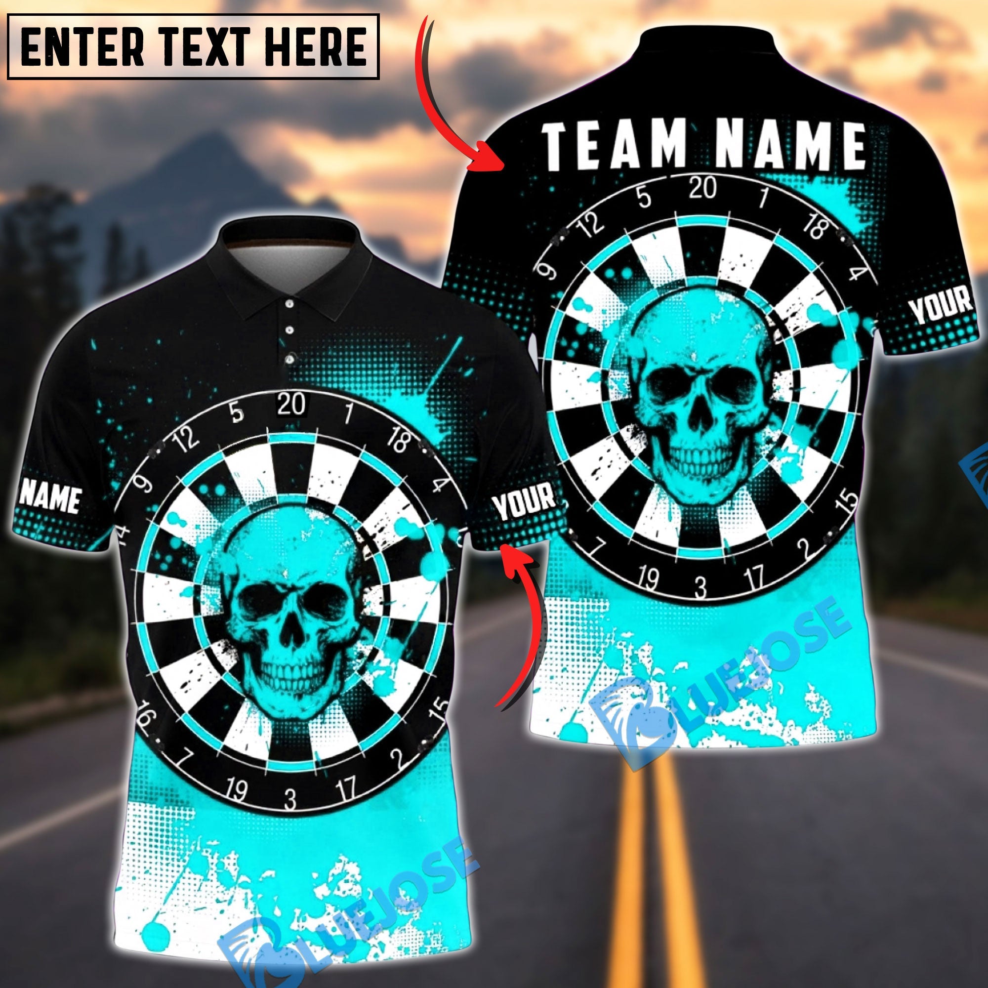 BlueJose Darts Skull Dartboard Horror Style Graphic Multicolor Options Personalized Name Shirt (4 Colors)