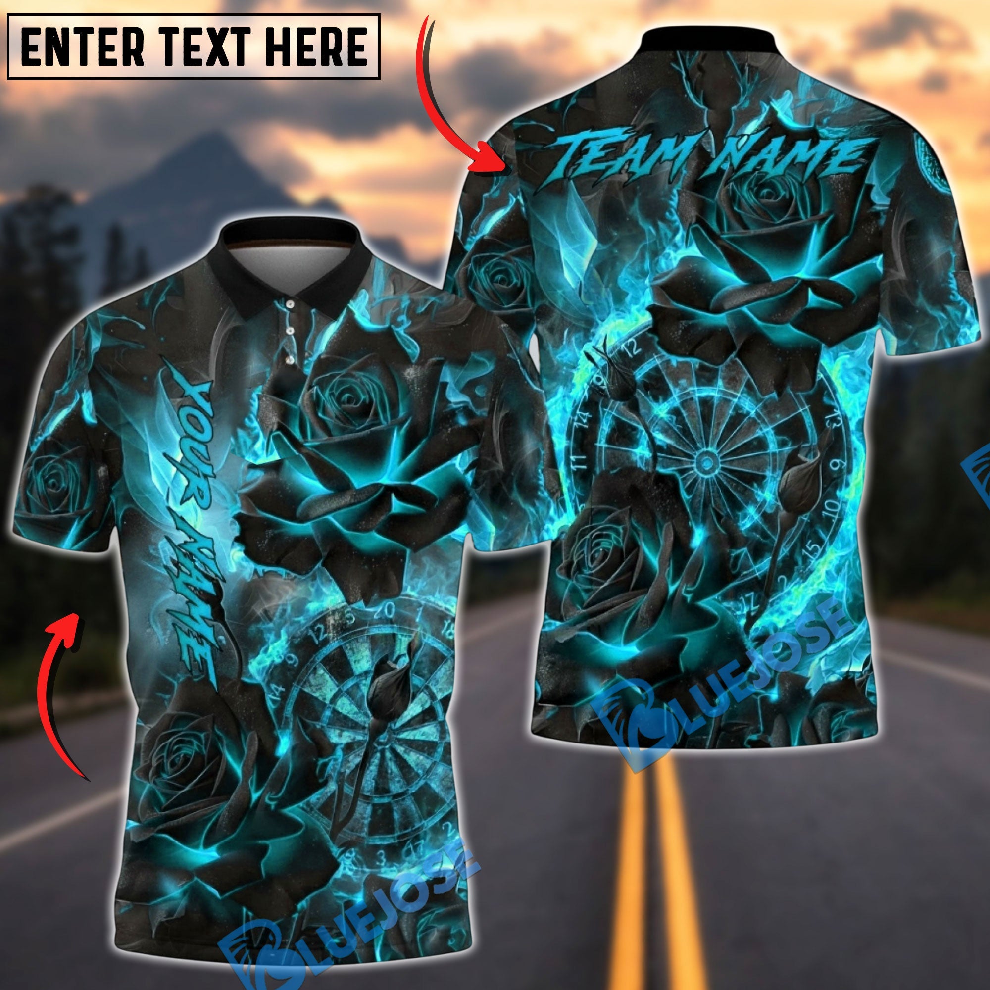BlueJose Darts Burning Rose Fire Dartboard Graphic Multicolor Options Personalized Name Shirt (4 Colors)