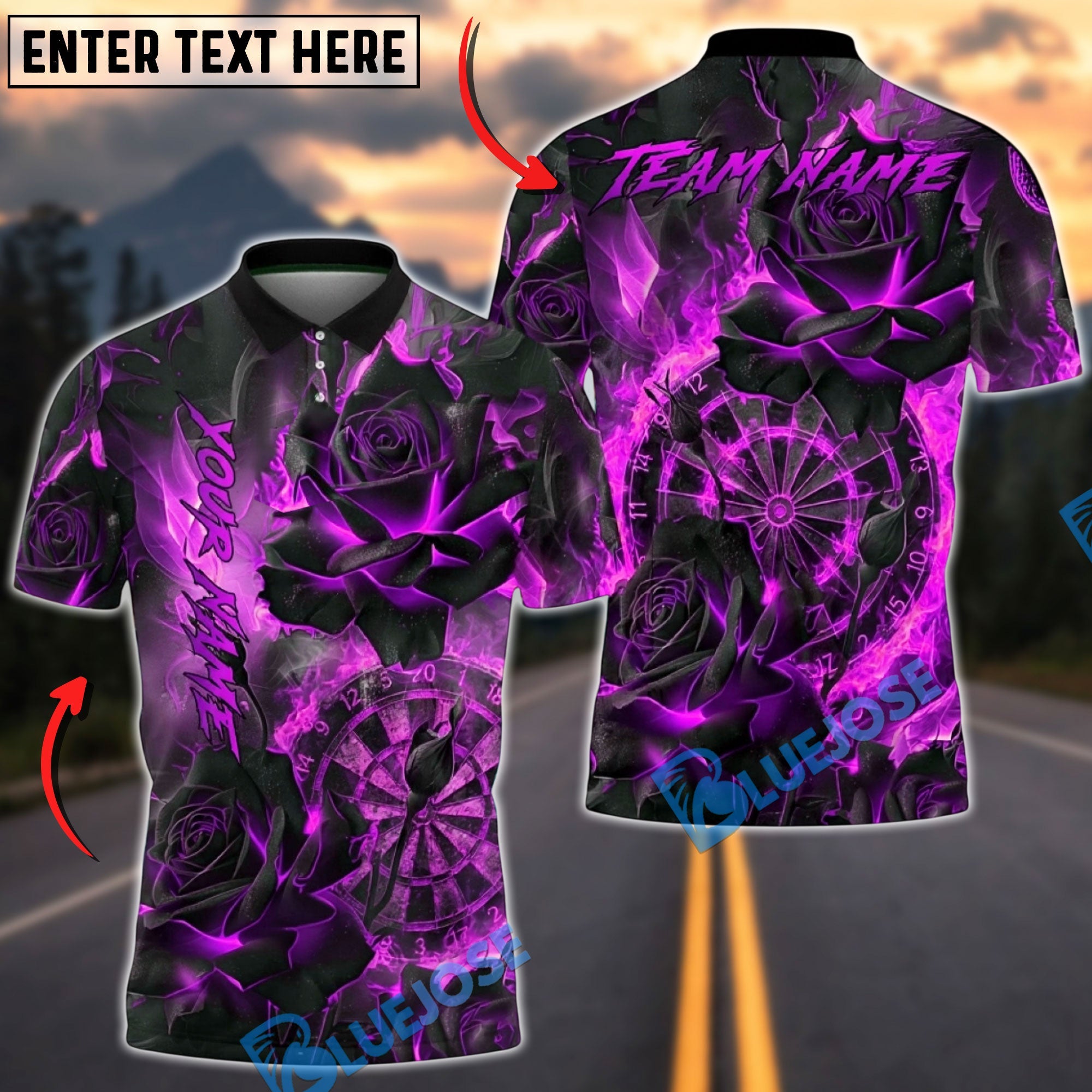 BlueJose Darts Burning Rose Fire Dartboard Graphic Multicolor Options Personalized Name Shirt (4 Colors)