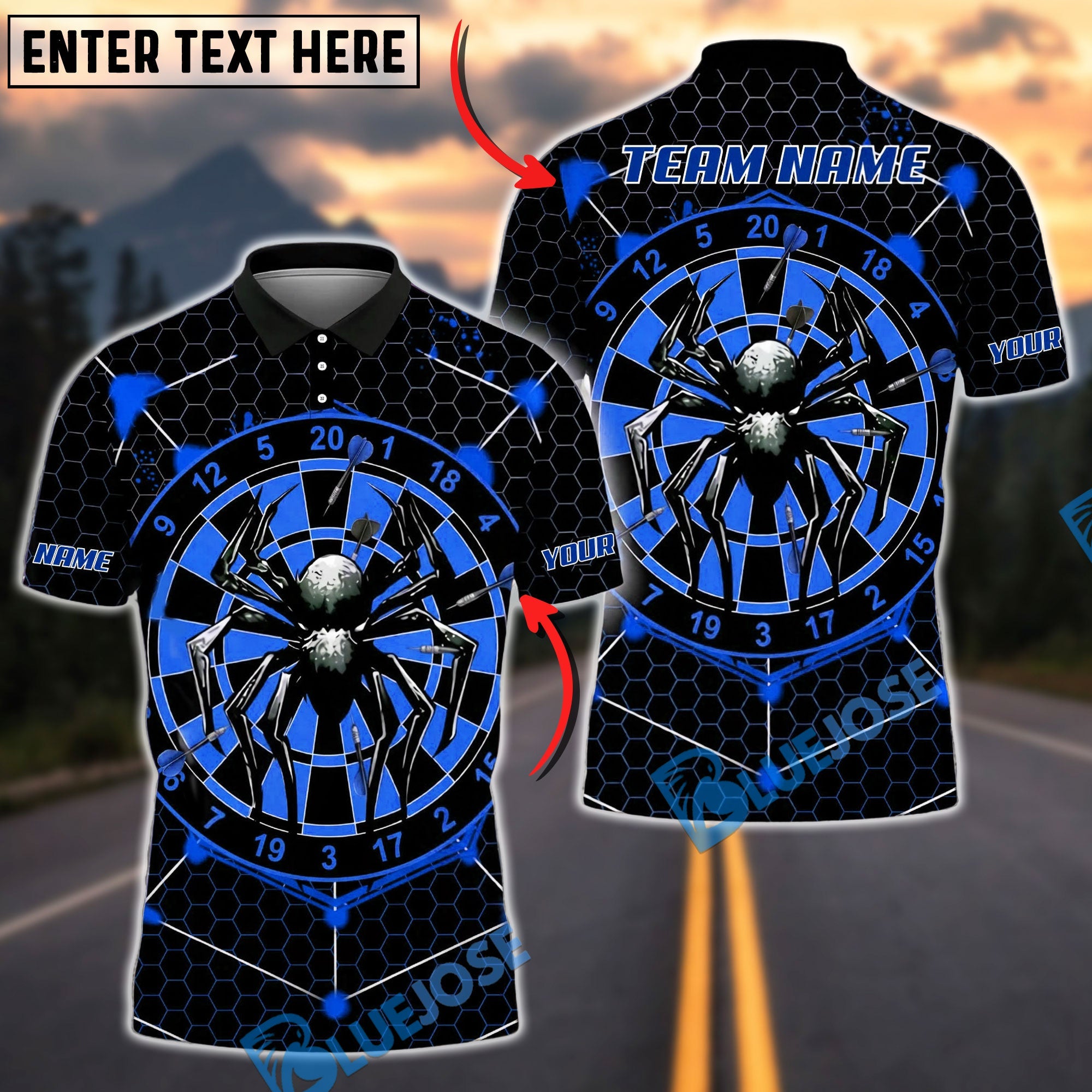 BlueJose Darts Spider Dartboard Horror Style Personalized Name, Team Name Unisex Shirt (4 Colors)