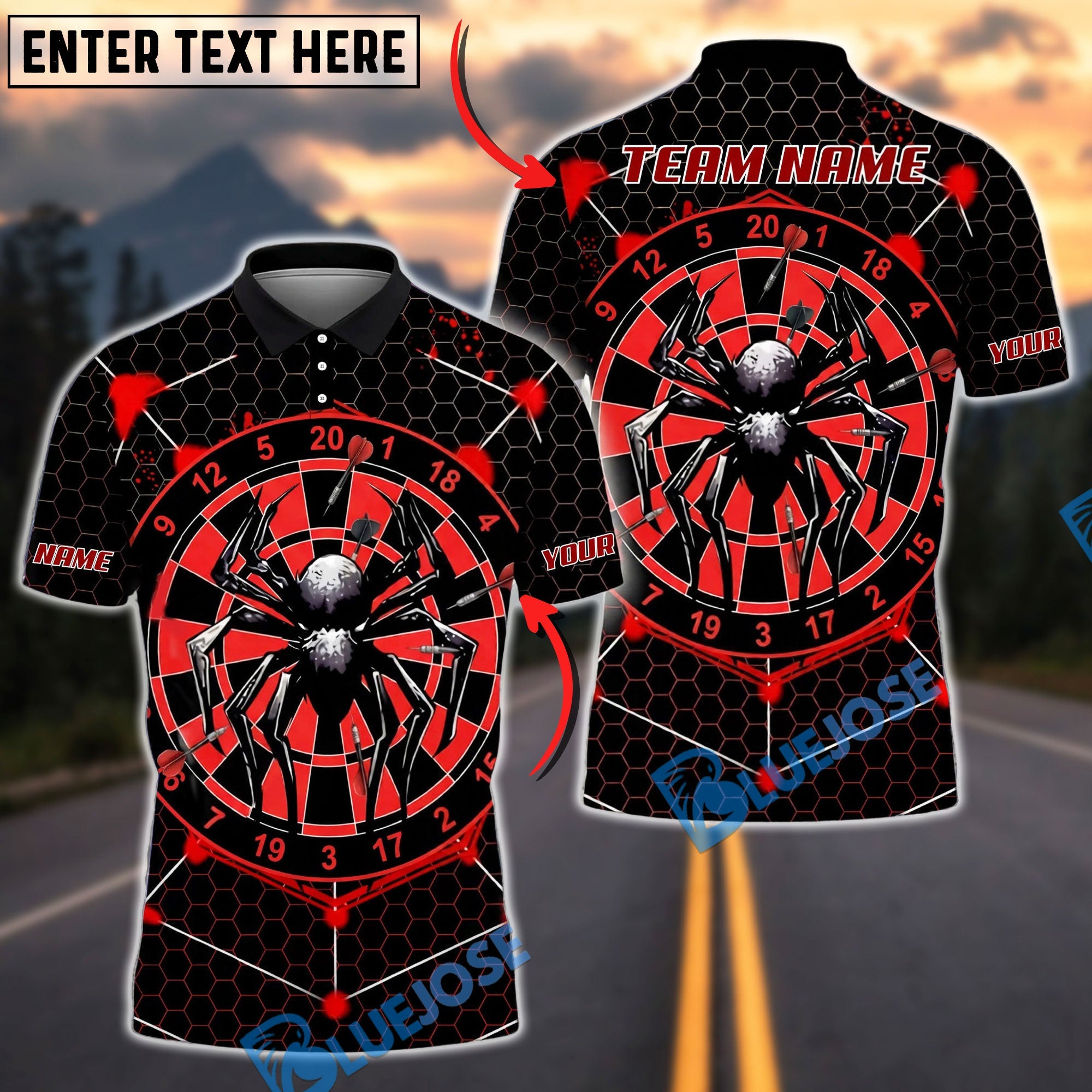 BlueJose Darts Spider Dartboard Horror Style Personalized Name, Team Name Unisex Shirt (4 Colors)