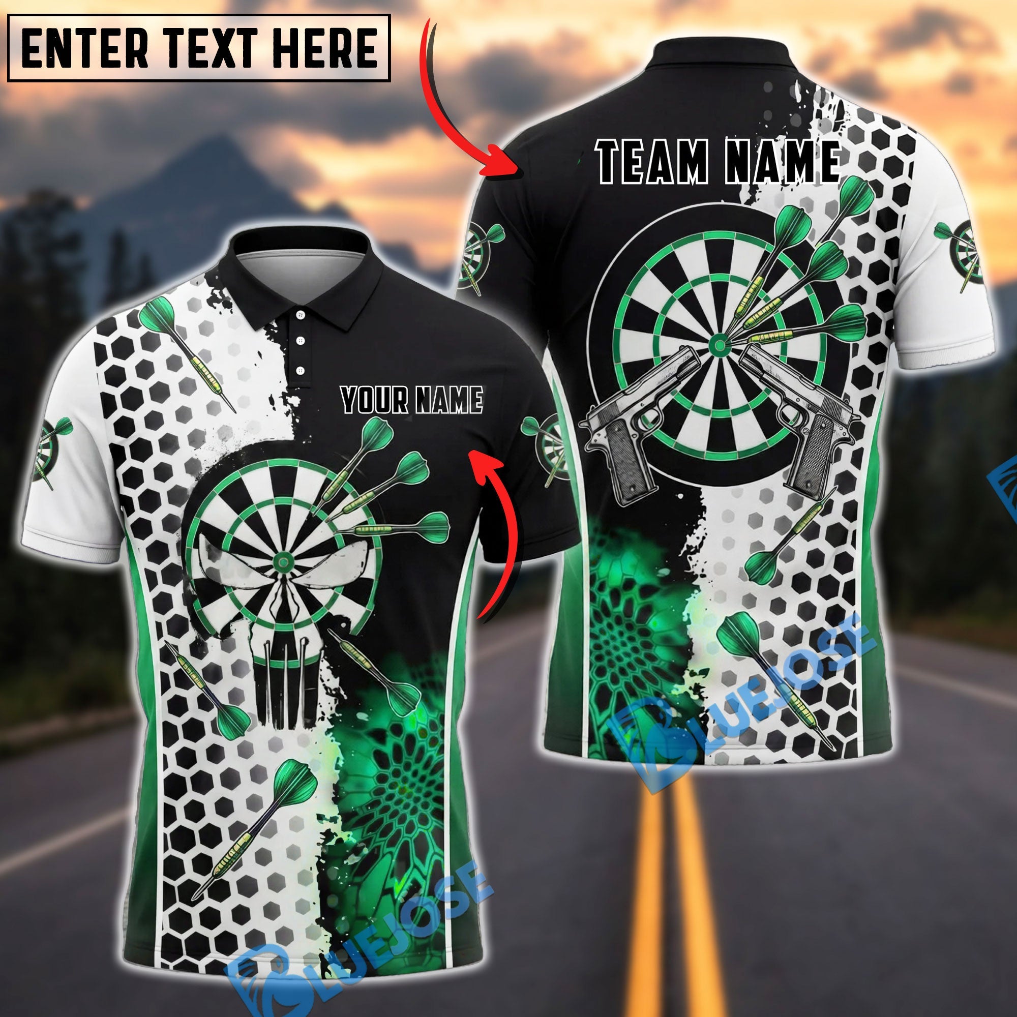 BlueJose Darts Skull Target Shooter Dual Gun Personalized Name, Team Name Unisex Shirt (4 Colors)