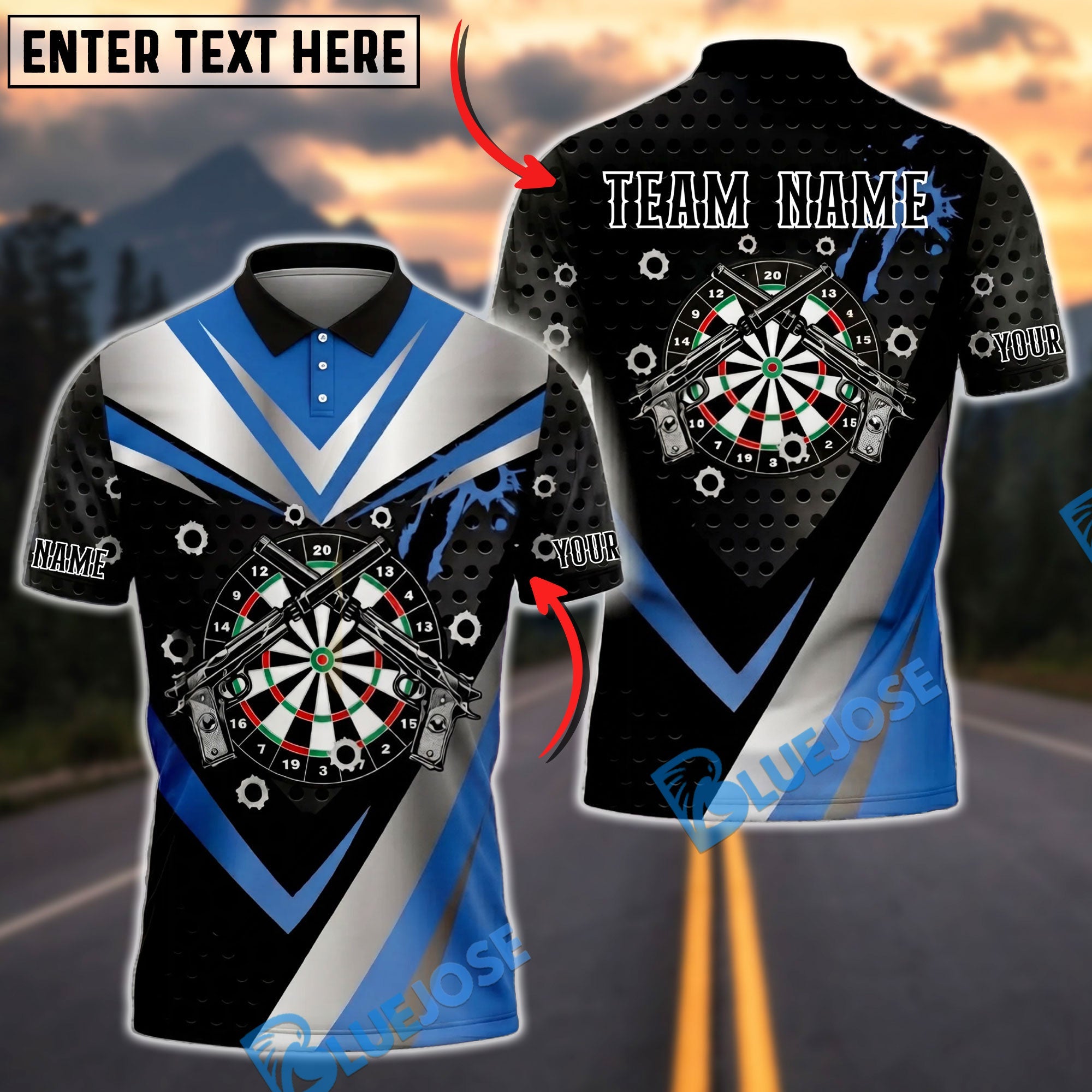 BlueJose Darts Tactical Gun Dartboard Personalized Name, Team Name Unisex Shirt (4 Colors)