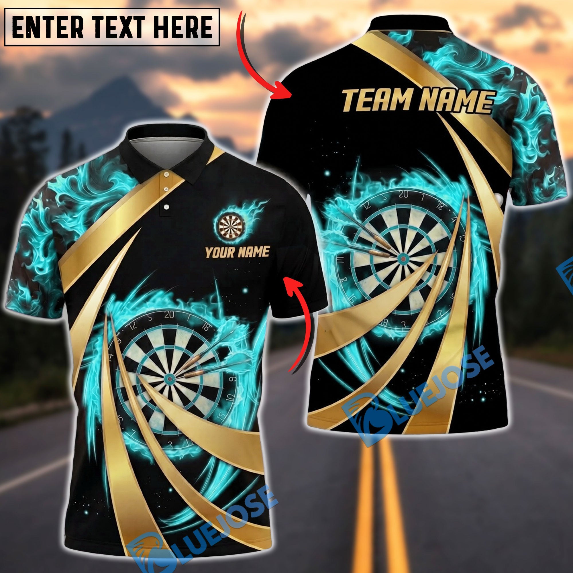 BlueJose Darts Fiery Swirl Blast Dartboard Personalized Name, Team Name Unisex Shirt (4 Colors)