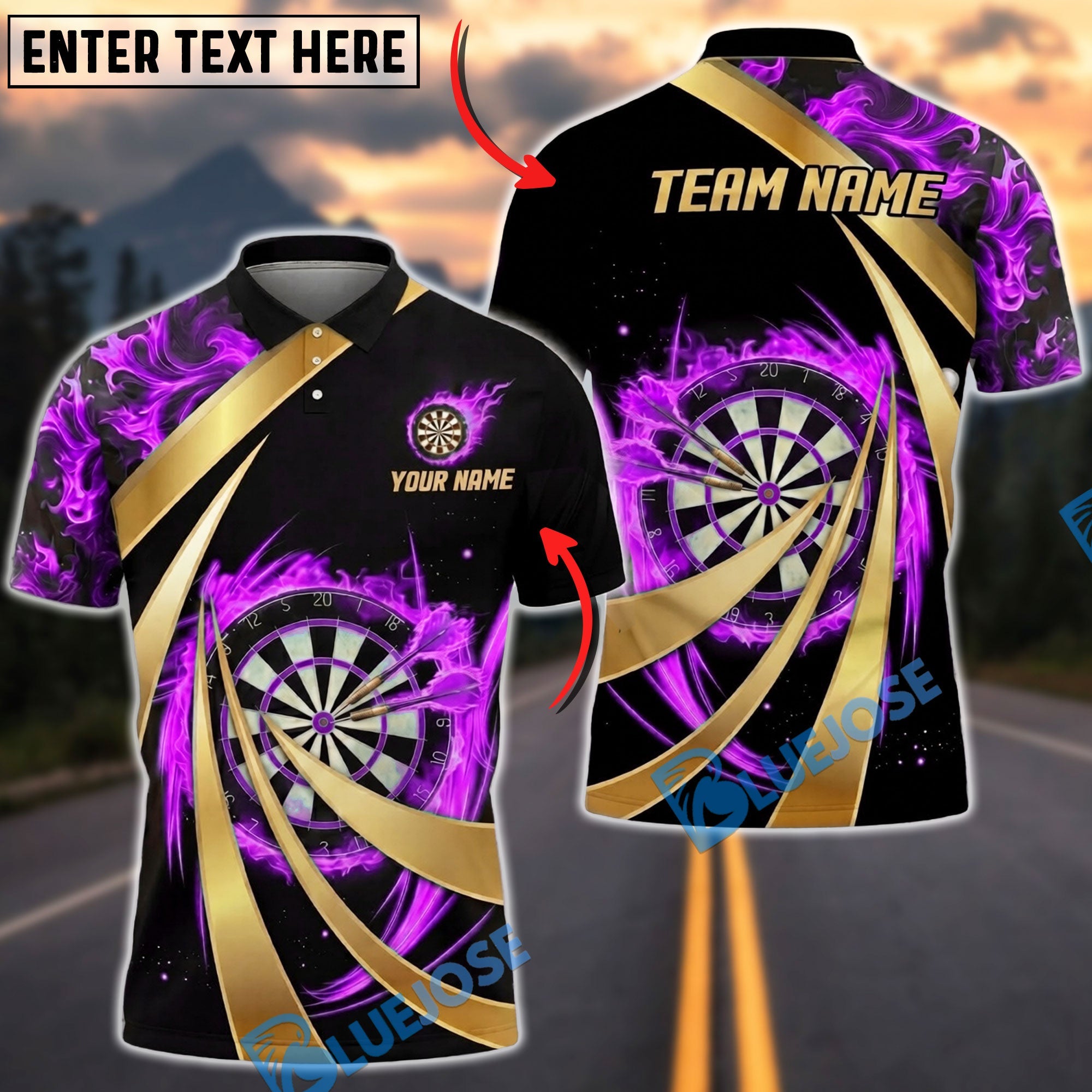 BlueJose Darts Fiery Swirl Blast Dartboard Personalized Name, Team Name Unisex Shirt (4 Colors)