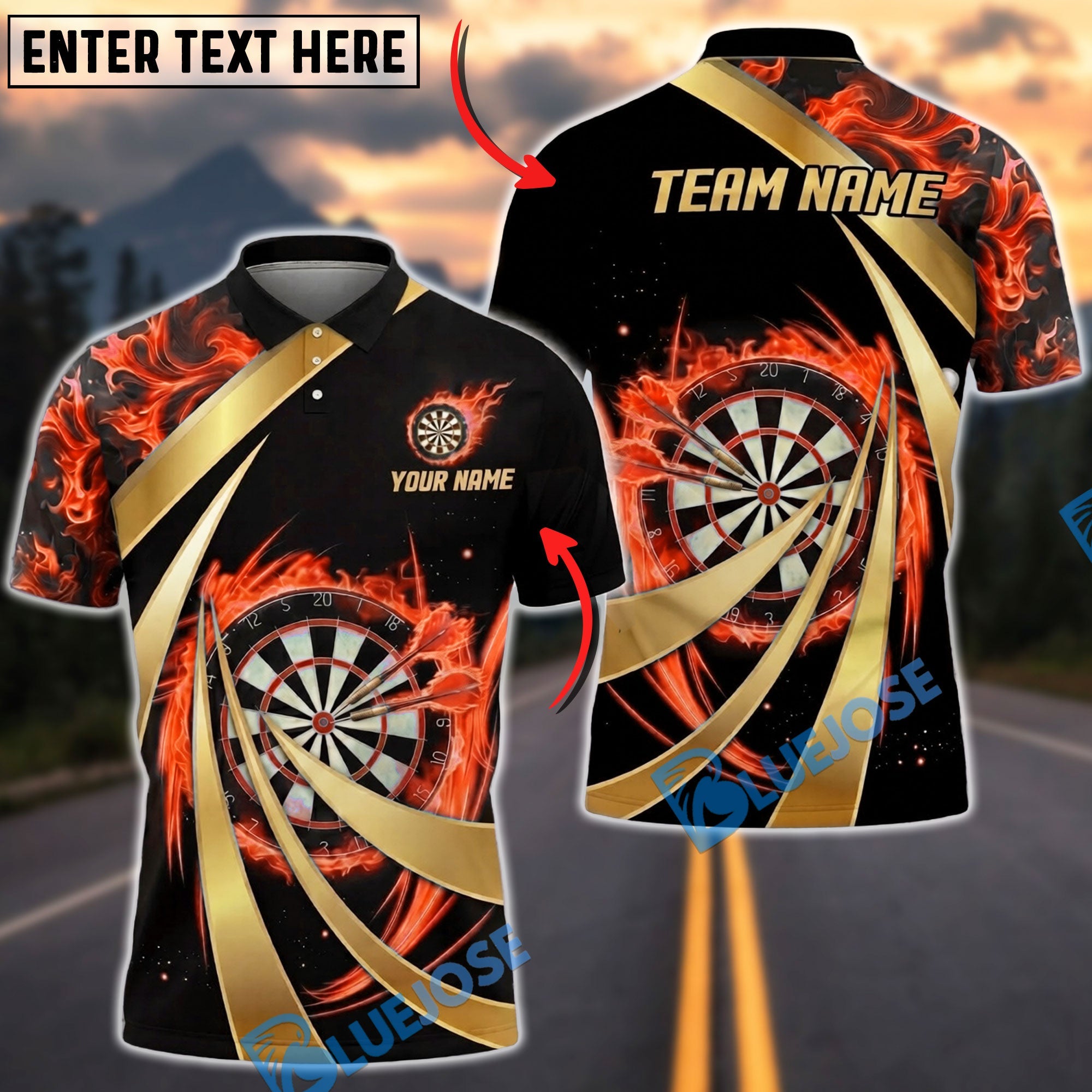 BlueJose Darts Fiery Swirl Blast Dartboard Personalized Name, Team Name Unisex Shirt (4 Colors)