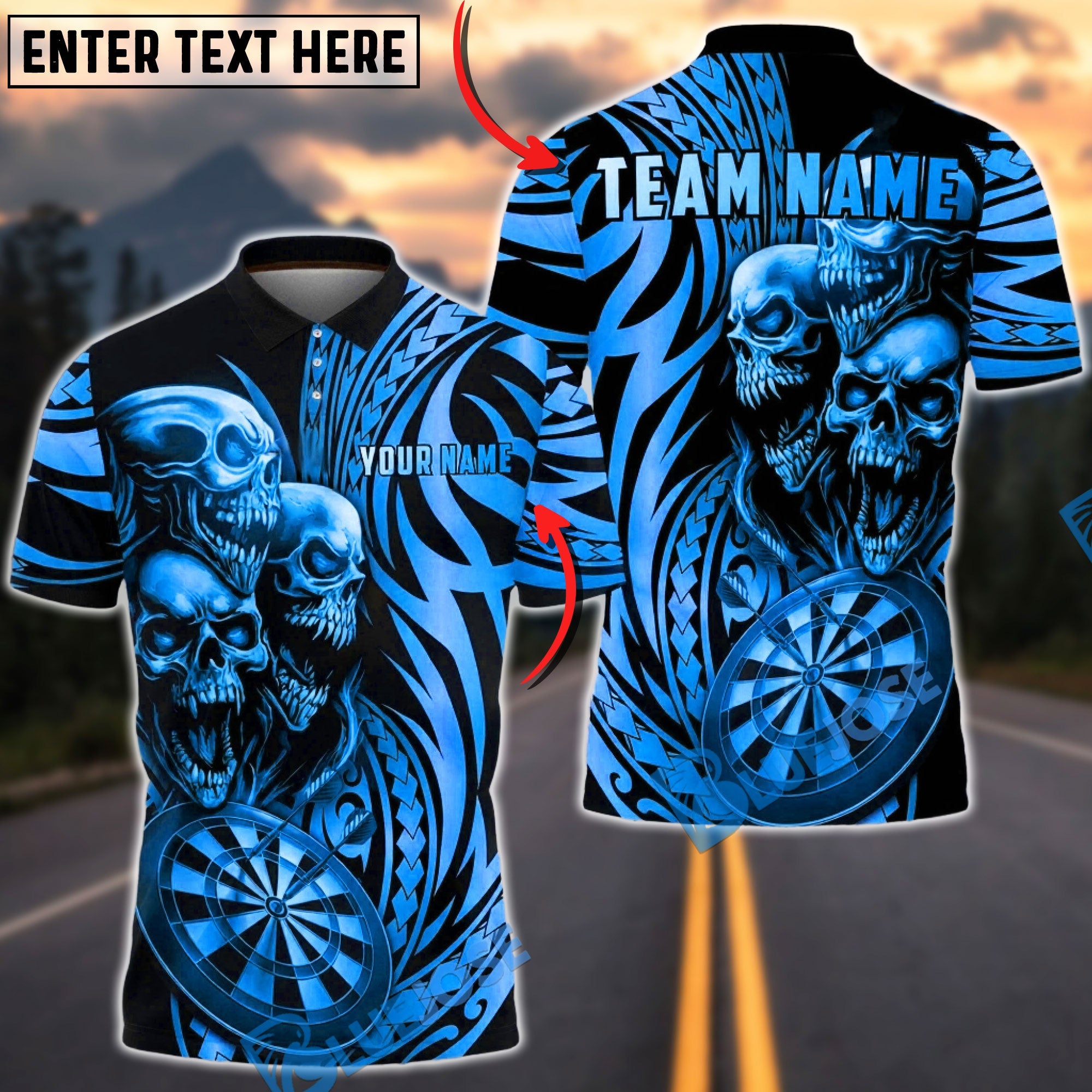 BlueJose Darts Skull Maori Dartboard Golden Gradient Style Multicolor Options Personalized Name Shirt (6 Colors)