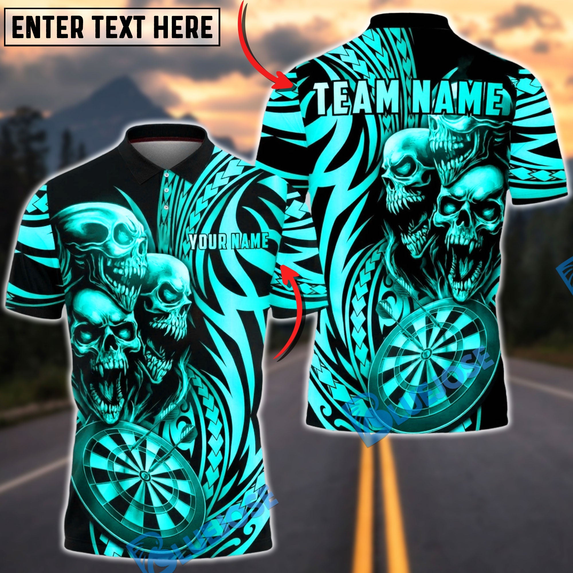 BlueJose Darts Skull Maori Dartboard Golden Gradient Style Multicolor Options Personalized Name Shirt (6 Colors)