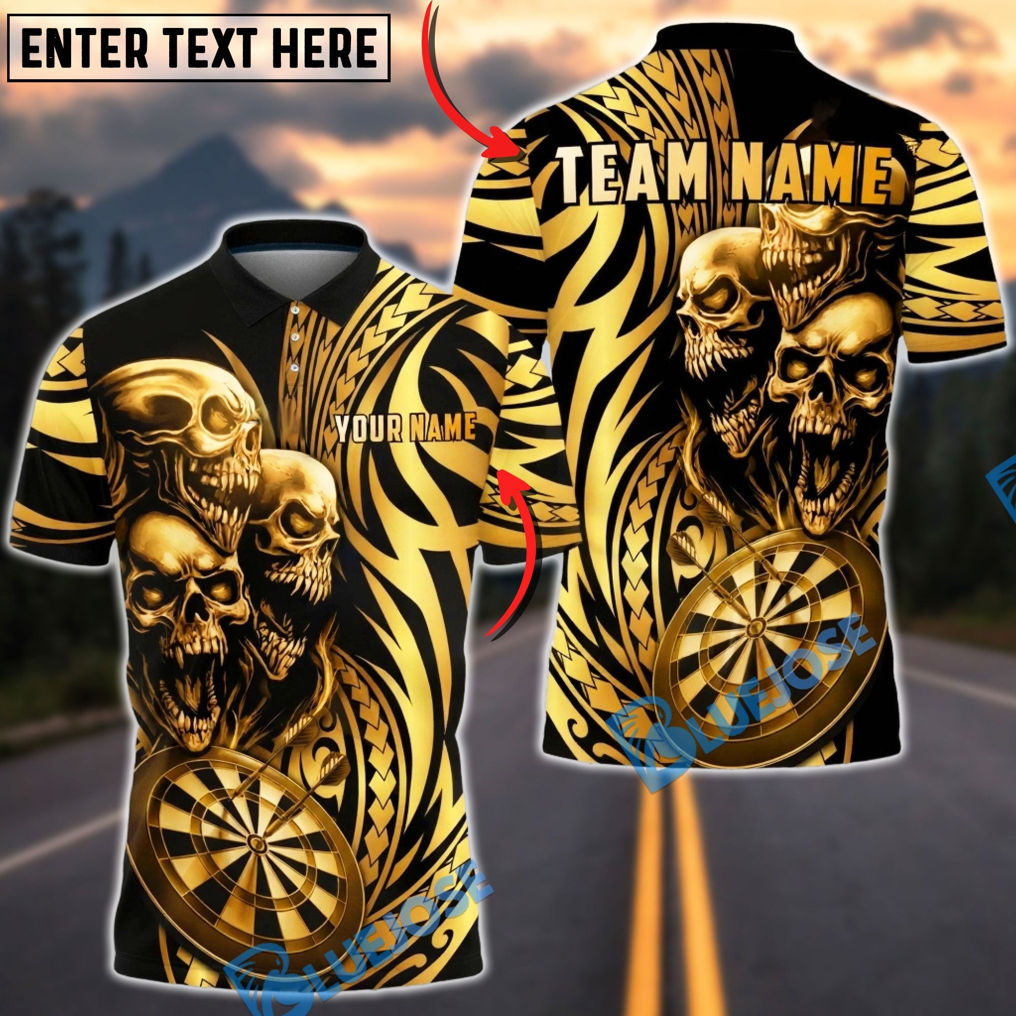 BlueJose Darts Skull Maori Dartboard Golden Gradient Style Multicolor Options Personalized Name Shirt (6 Colors)