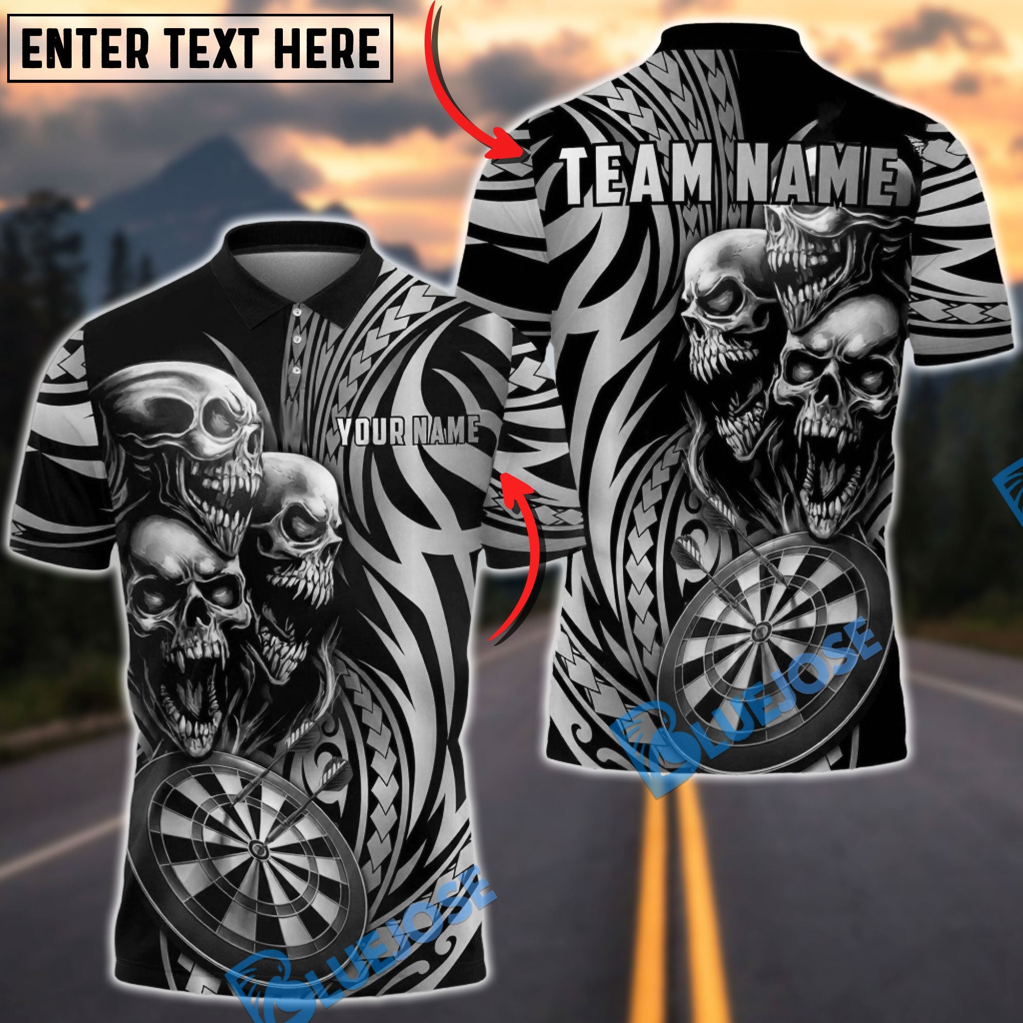 BlueJose Darts Skull Maori Dartboard Golden Gradient Style Multicolor Options Personalized Name Shirt (6 Colors)