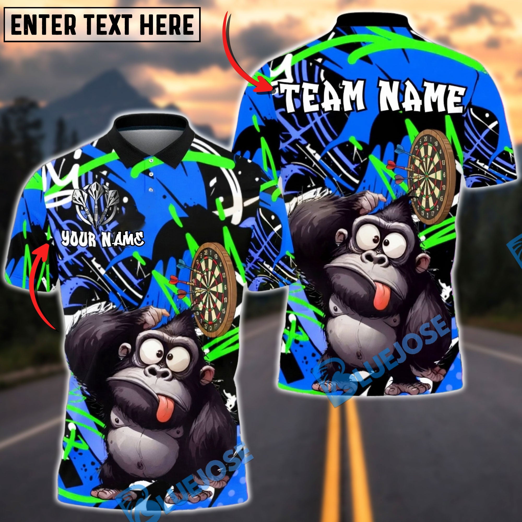 BlueJose Darts Funny Gorilla Character Dartboard Graffiti Multicolor Options Personalized Name Shirt (4 Colors)