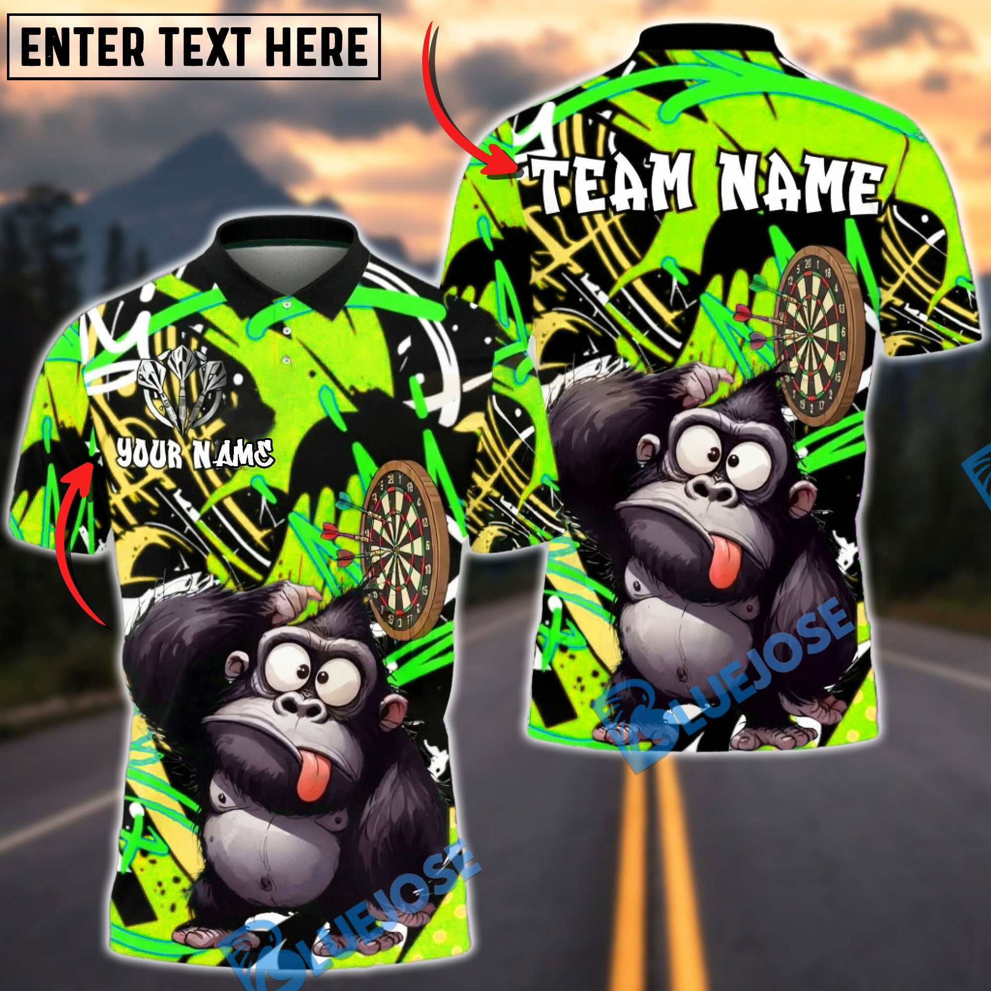 BlueJose Darts Funny Gorilla Character Dartboard Graffiti Multicolor Options Personalized Name Shirt (4 Colors)