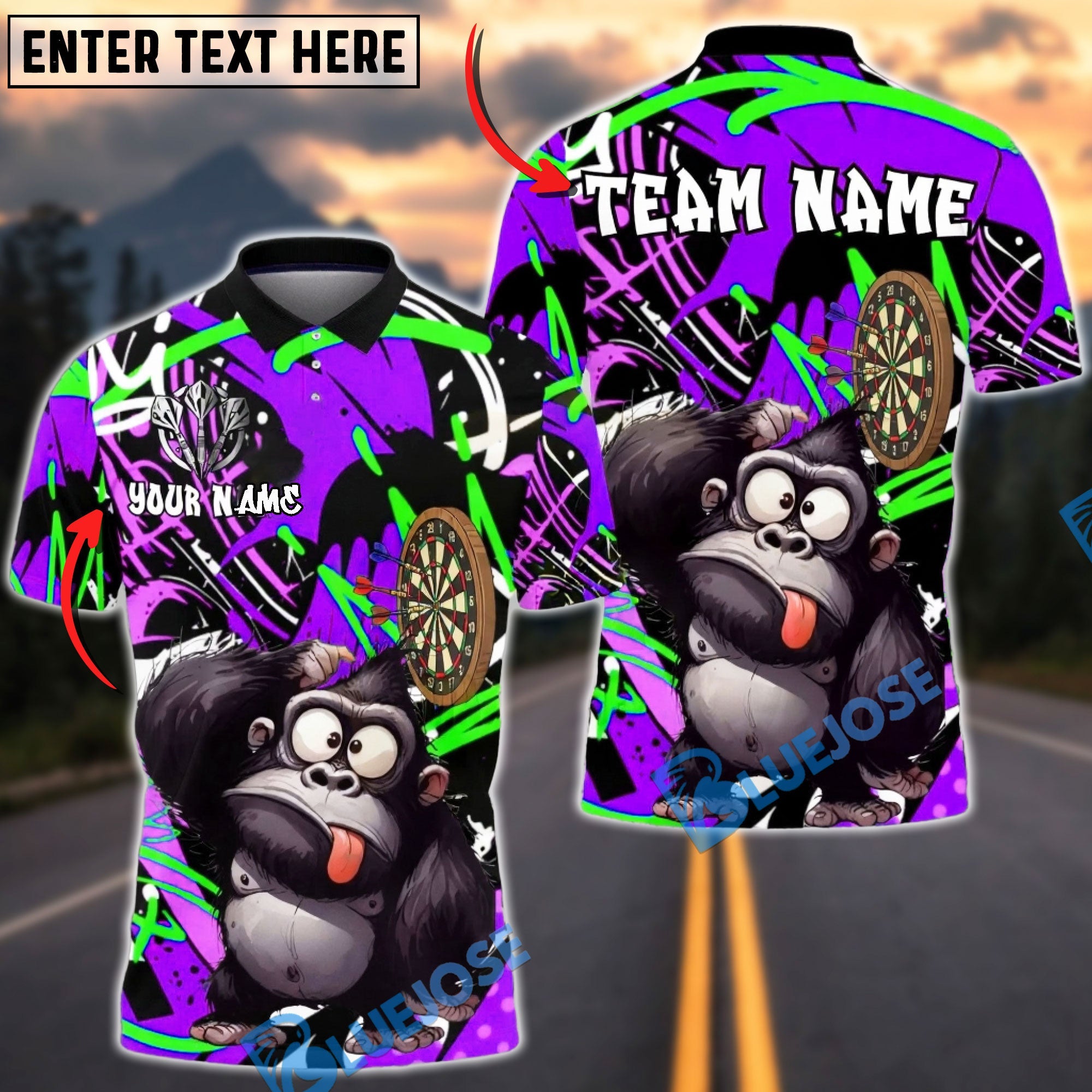 BlueJose Darts Funny Gorilla Character Dartboard Graffiti Multicolor Options Personalized Name Shirt (4 Colors)