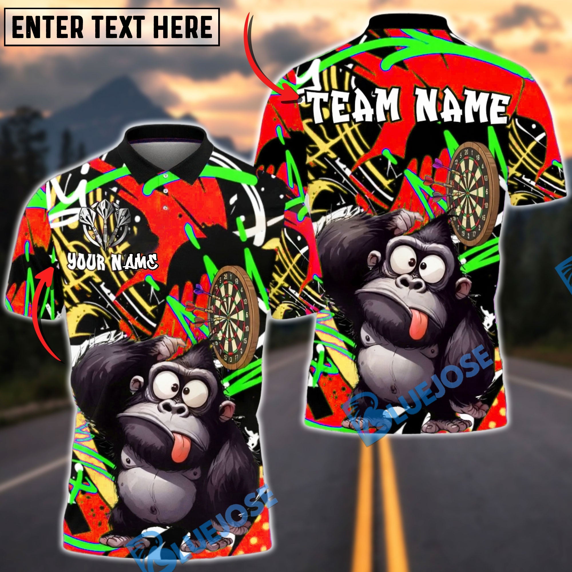 BlueJose Darts Funny Gorilla Character Dartboard Graffiti Multicolor Options Personalized Name Shirt (4 Colors)