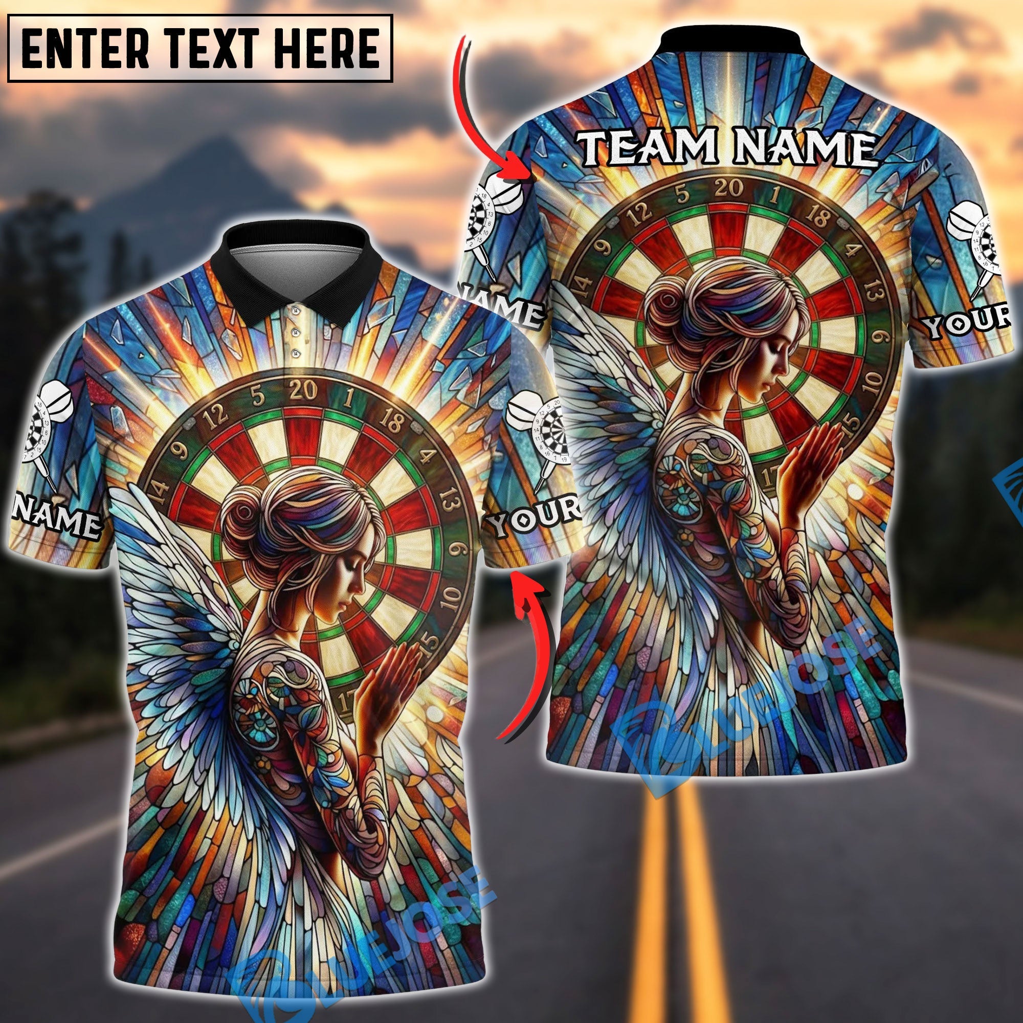 BlueJose Darts Angel Prayer Stained Glass Dartboard Design Personalized Name Shirt