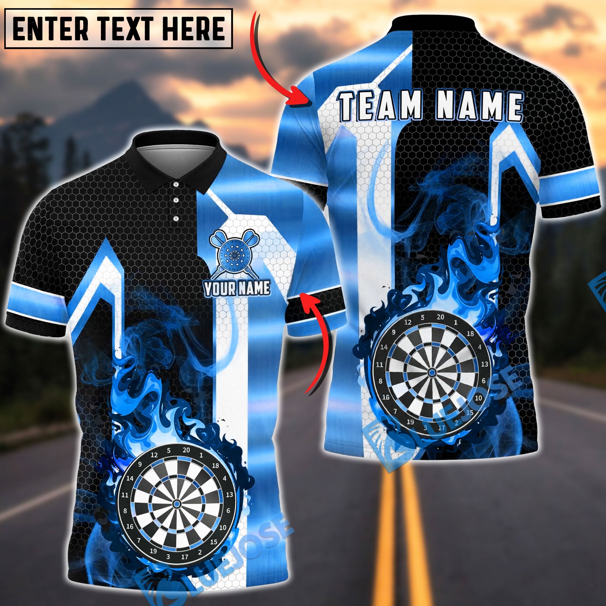 BlueJose Darts Flaming Dartboard Black Gold Geometric Personalized Name, Team Name Unisex Shirt (6 Colors)
