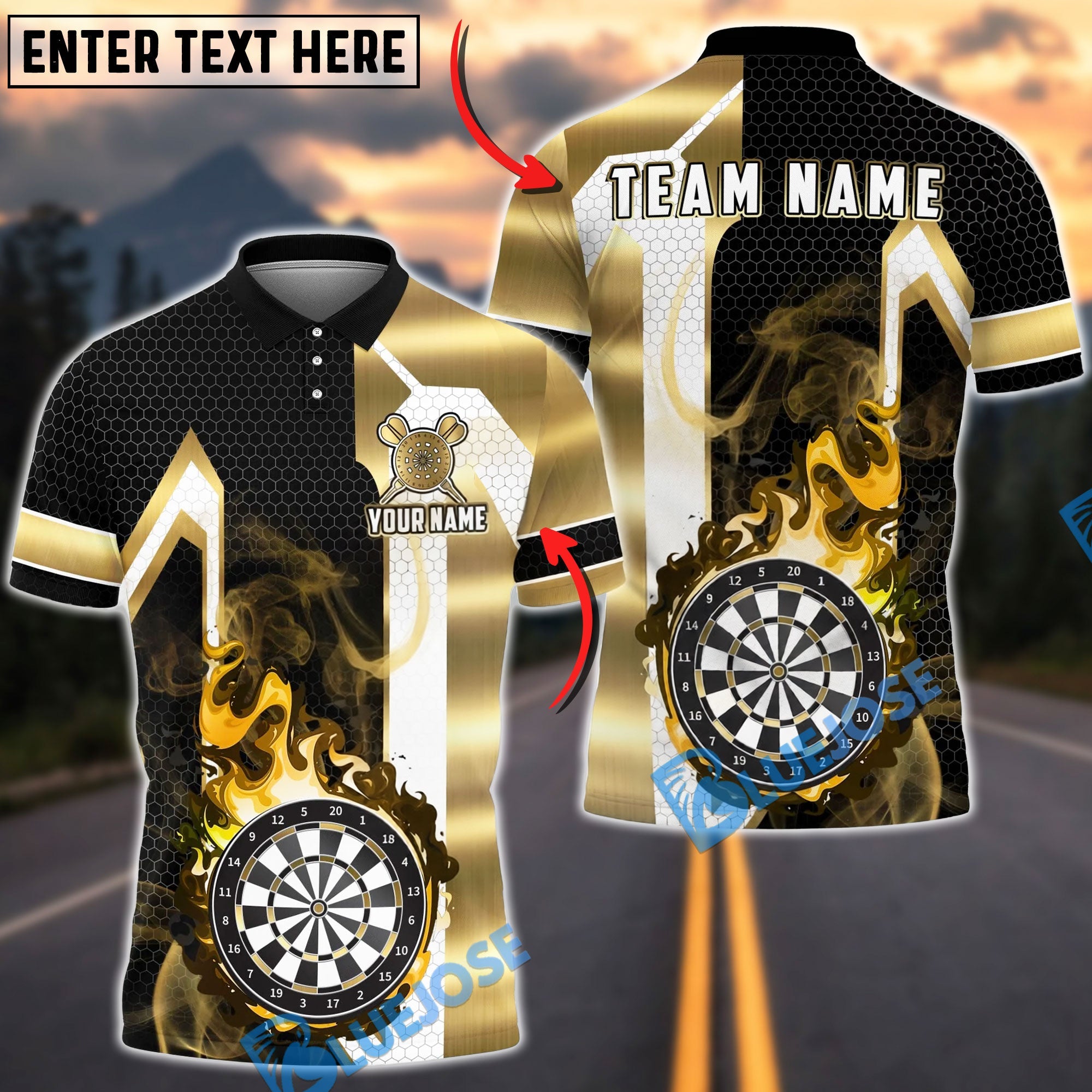 BlueJose Darts Flaming Dartboard Black Gold Geometric Personalized Name, Team Name Unisex Shirt (6 Colors)