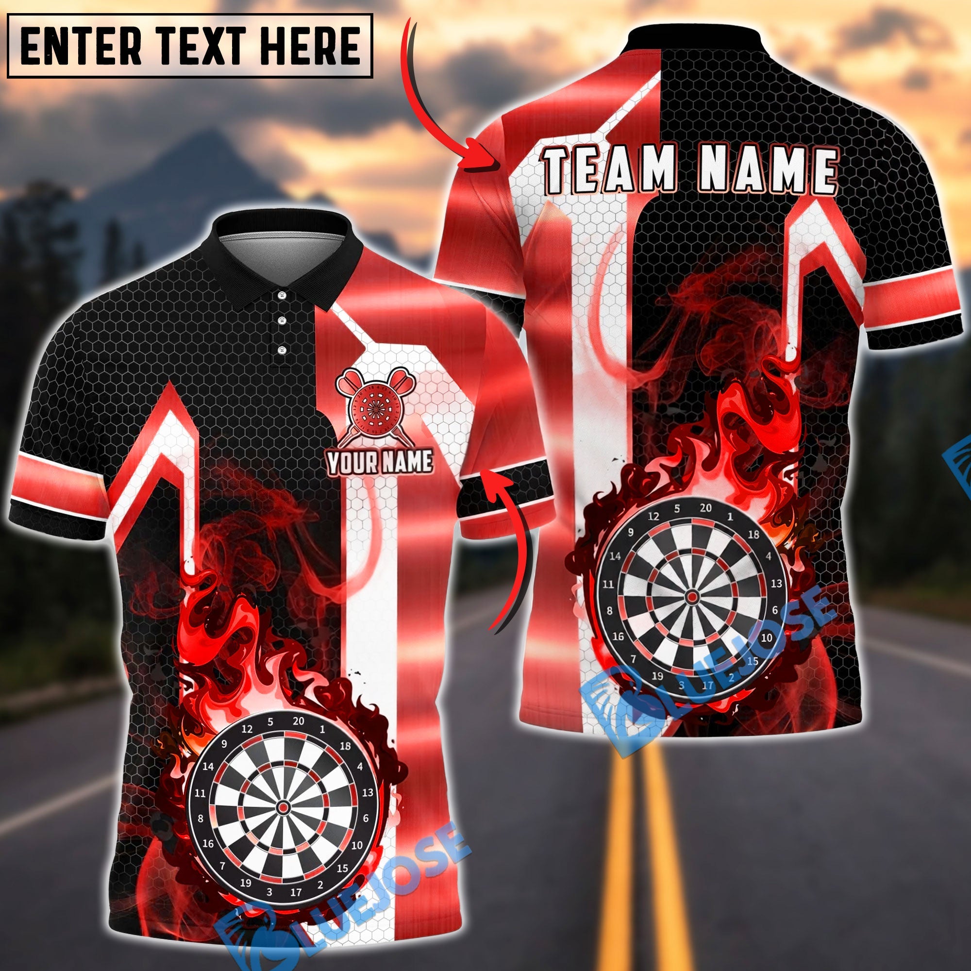 BlueJose Darts Flaming Dartboard Black Gold Geometric Personalized Name, Team Name Unisex Shirt (6 Colors)