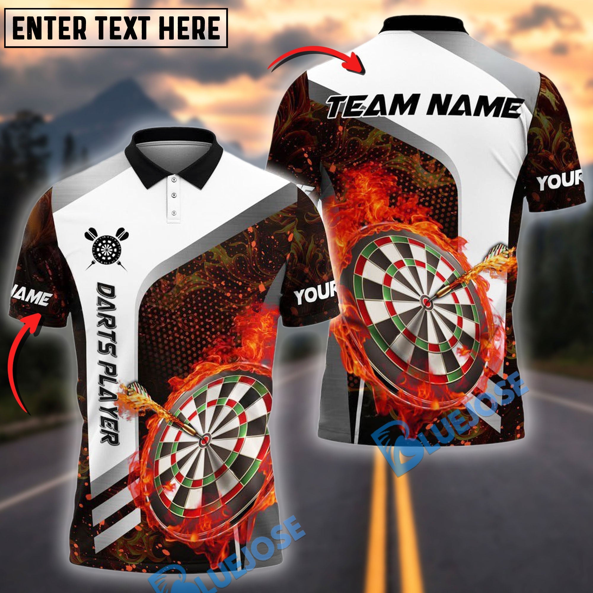 BlueJose Darts Flame Dartboard Strike Multicolor Options Personalized Name Shirt (4 Colors)
