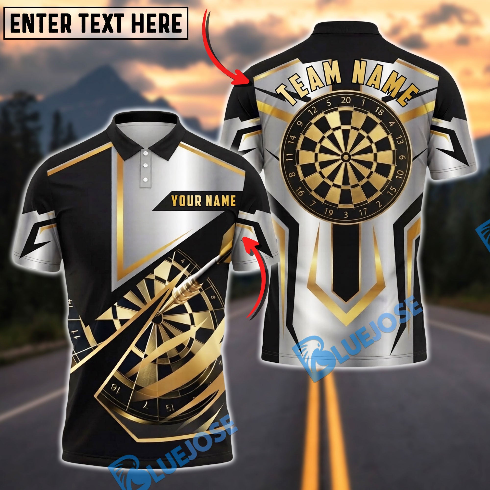 BlueJose Darts Black Gold Bullseye Personalized Name, Team Name Unisex Shirt (6 Colors)