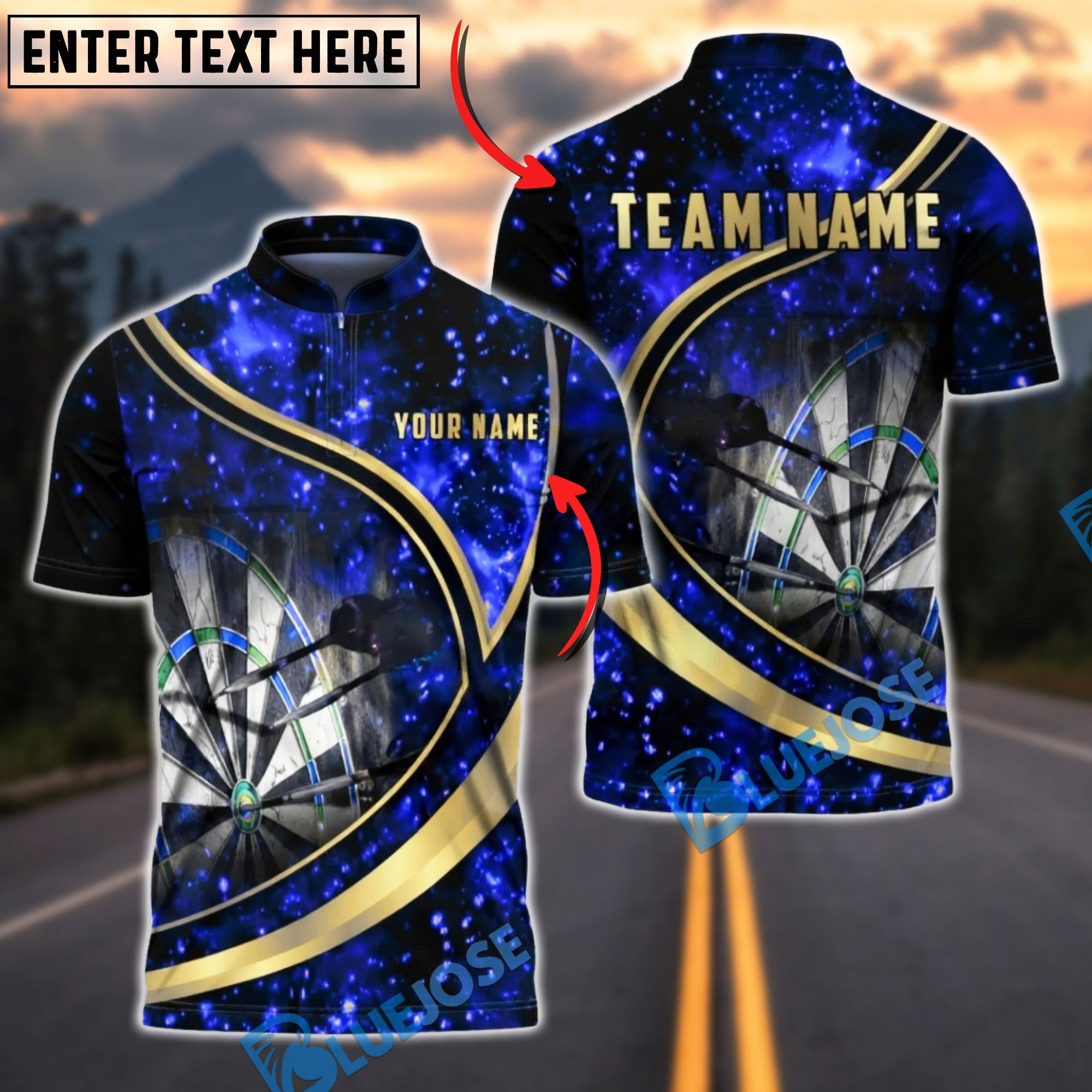 BlueJose Darts Night Fire Spark Golden Swirl Multicolor Options Personalized Name Shirt (6 Colors)