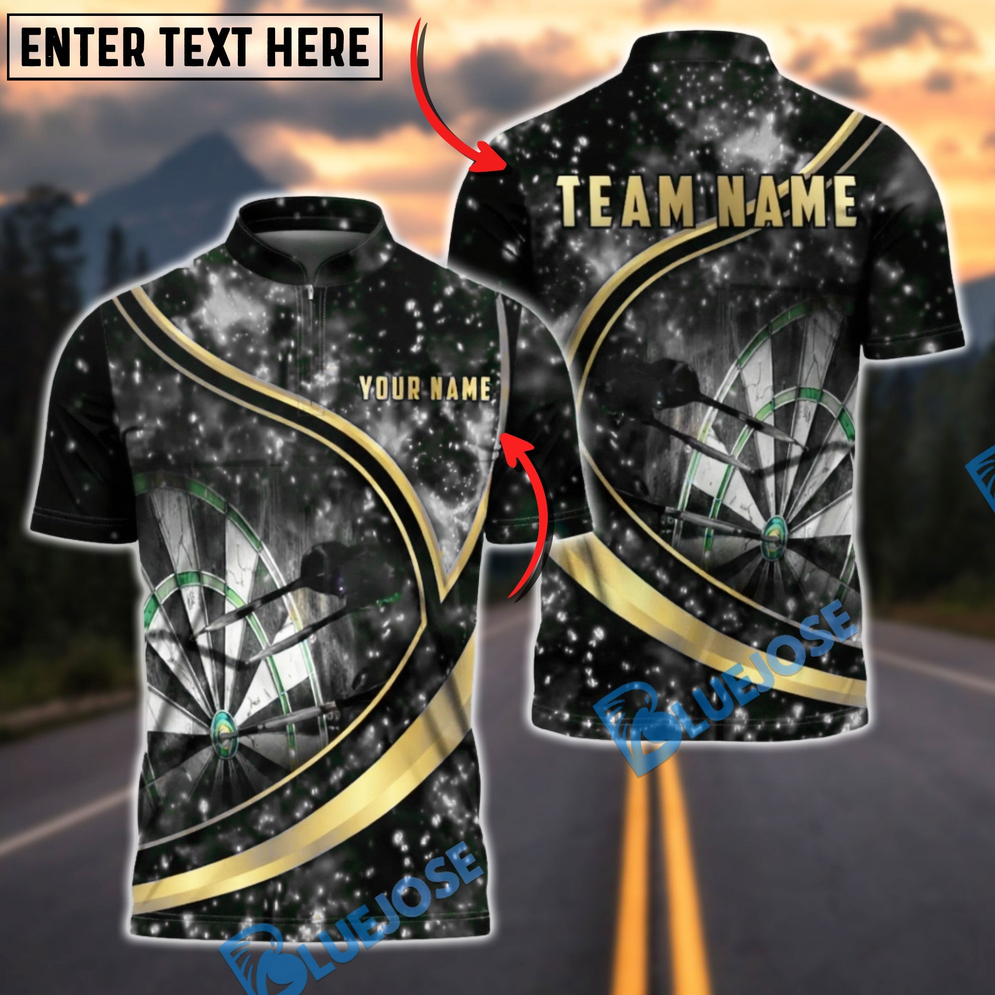 BlueJose Darts Night Fire Spark Golden Swirl Multicolor Options Personalized Name Shirt (6 Colors)