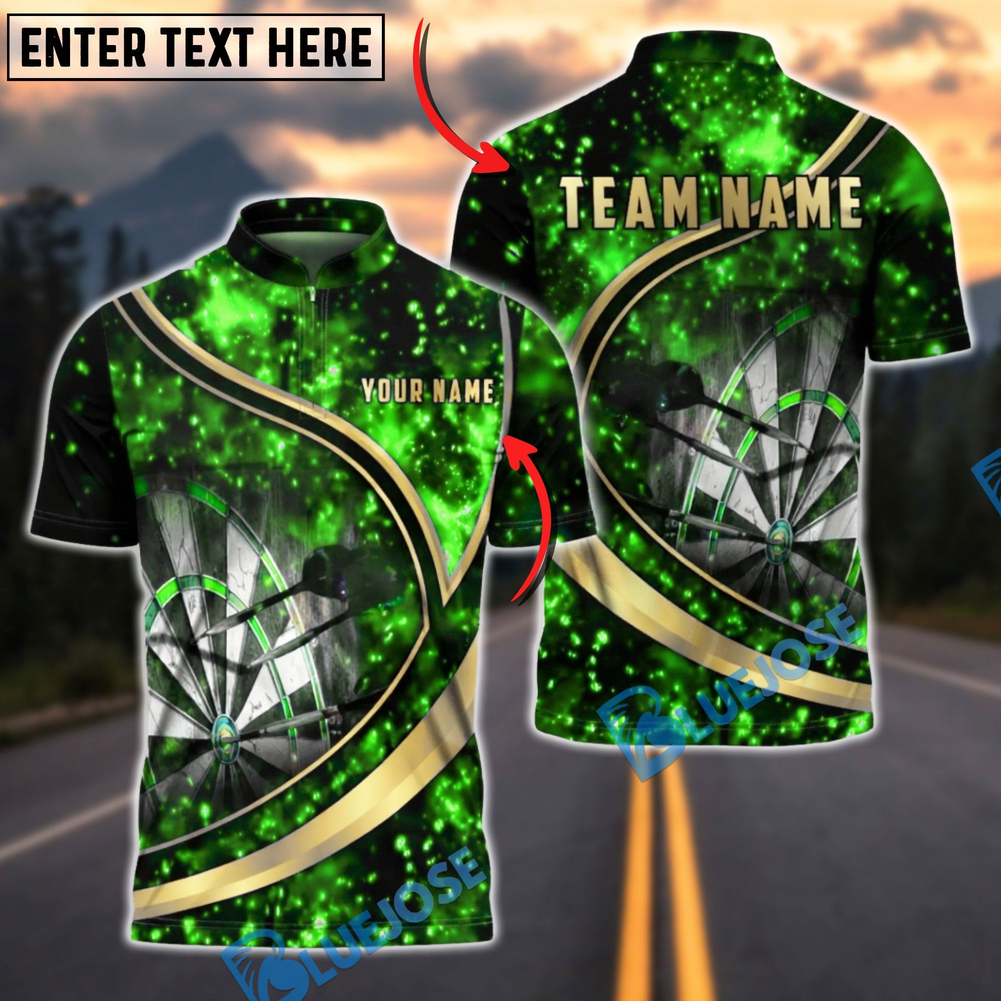 BlueJose Darts Night Fire Spark Golden Swirl Multicolor Options Personalized Name Shirt (6 Colors)