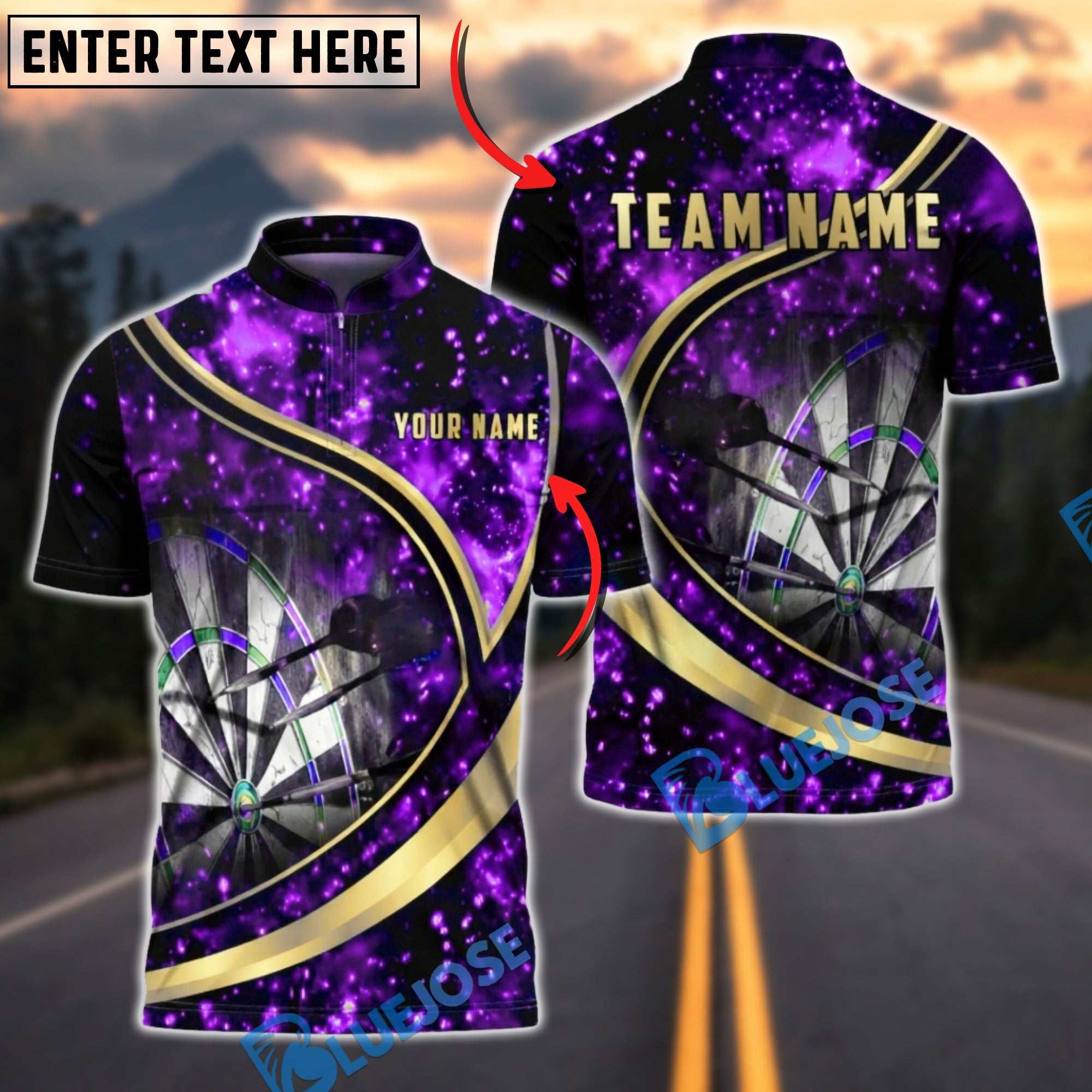 BlueJose Darts Night Fire Spark Golden Swirl Multicolor Options Personalized Name Shirt (6 Colors)
