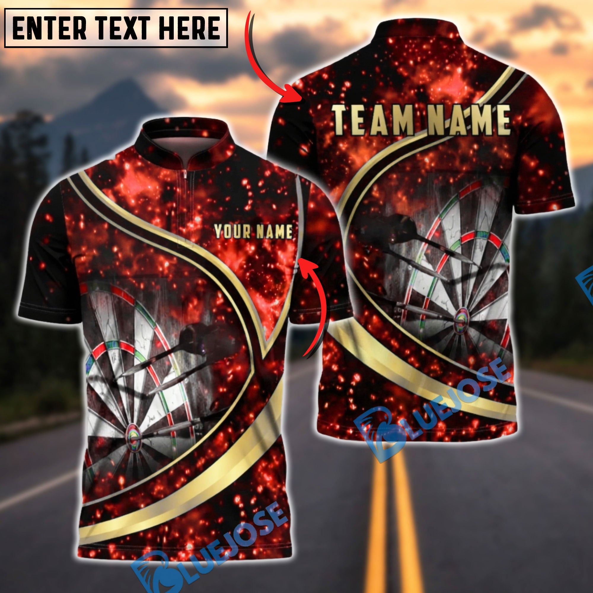 BlueJose Darts Night Fire Spark Golden Swirl Multicolor Options Personalized Name Shirt (6 Colors)