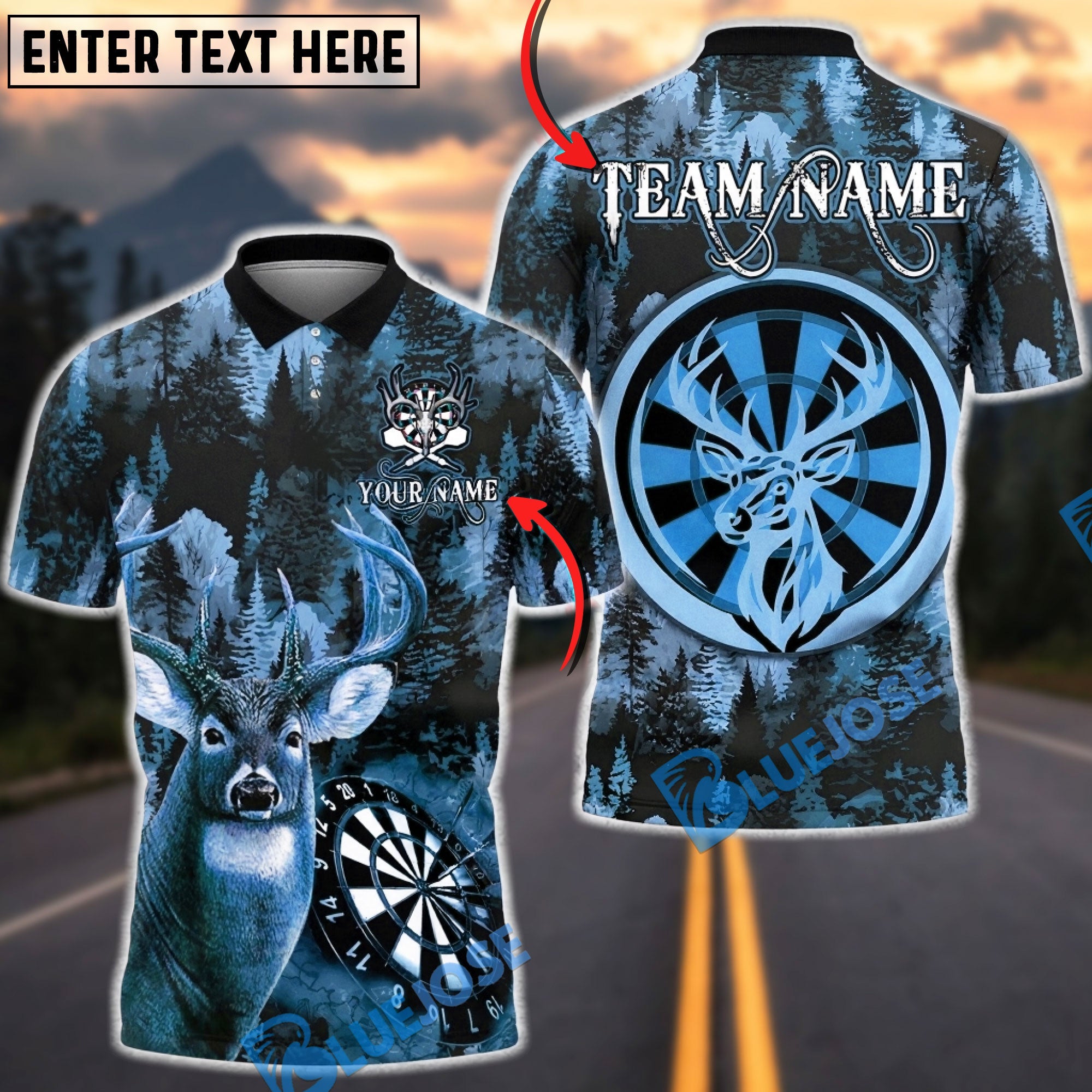 BlueJose Darts Hunting Deer Dartboard Forest Camo Buck Design Personalized Name, Team Name Unisex Shirt (4 Colors)