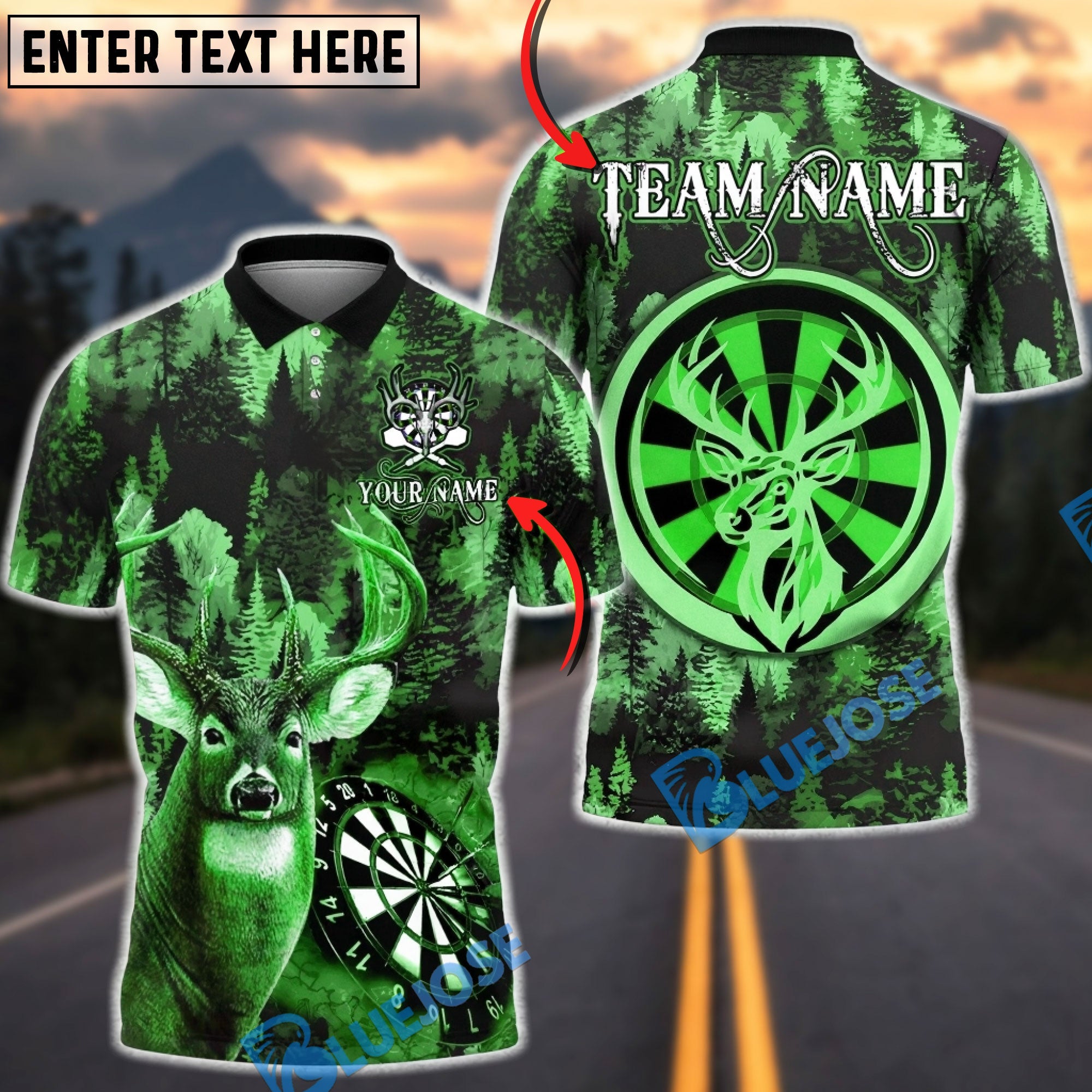 BlueJose Darts Hunting Deer Dartboard Forest Camo Buck Design Personalized Name, Team Name Unisex Shirt (4 Colors)