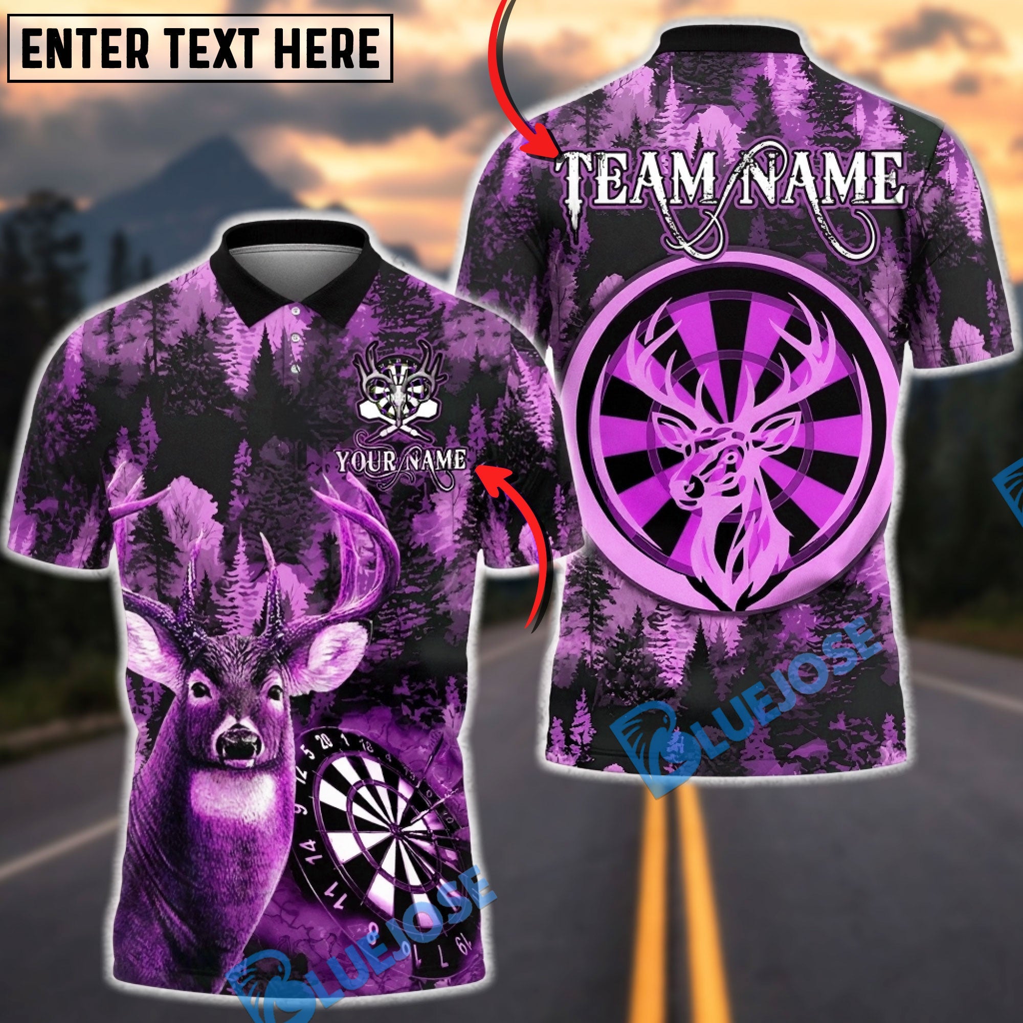 BlueJose Darts Hunting Deer Dartboard Forest Camo Buck Design Personalized Name, Team Name Unisex Shirt (4 Colors)