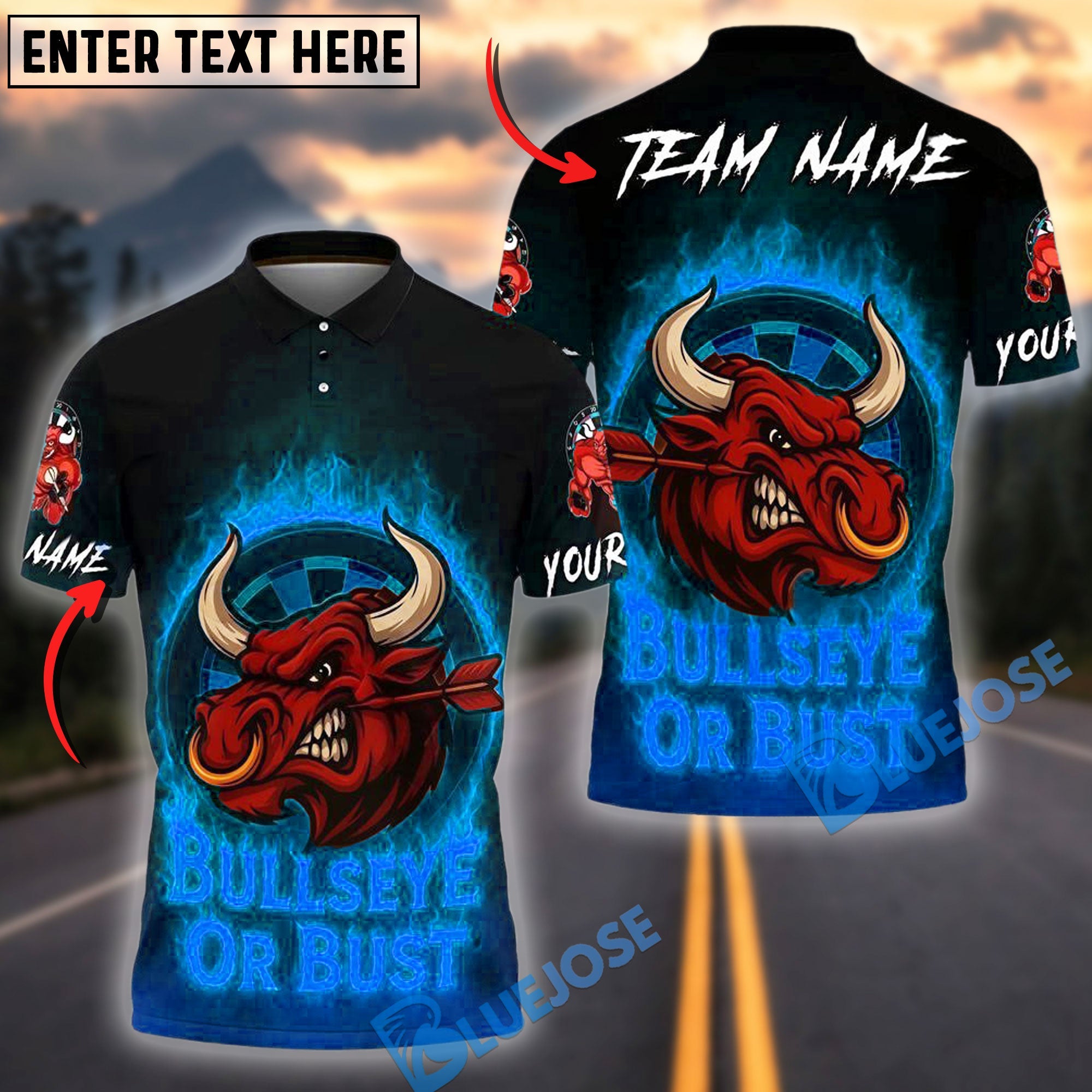 BlueJose Darts Flaming Bull Rage Multicolor Options Personalized Name Shirt (4 Colors)