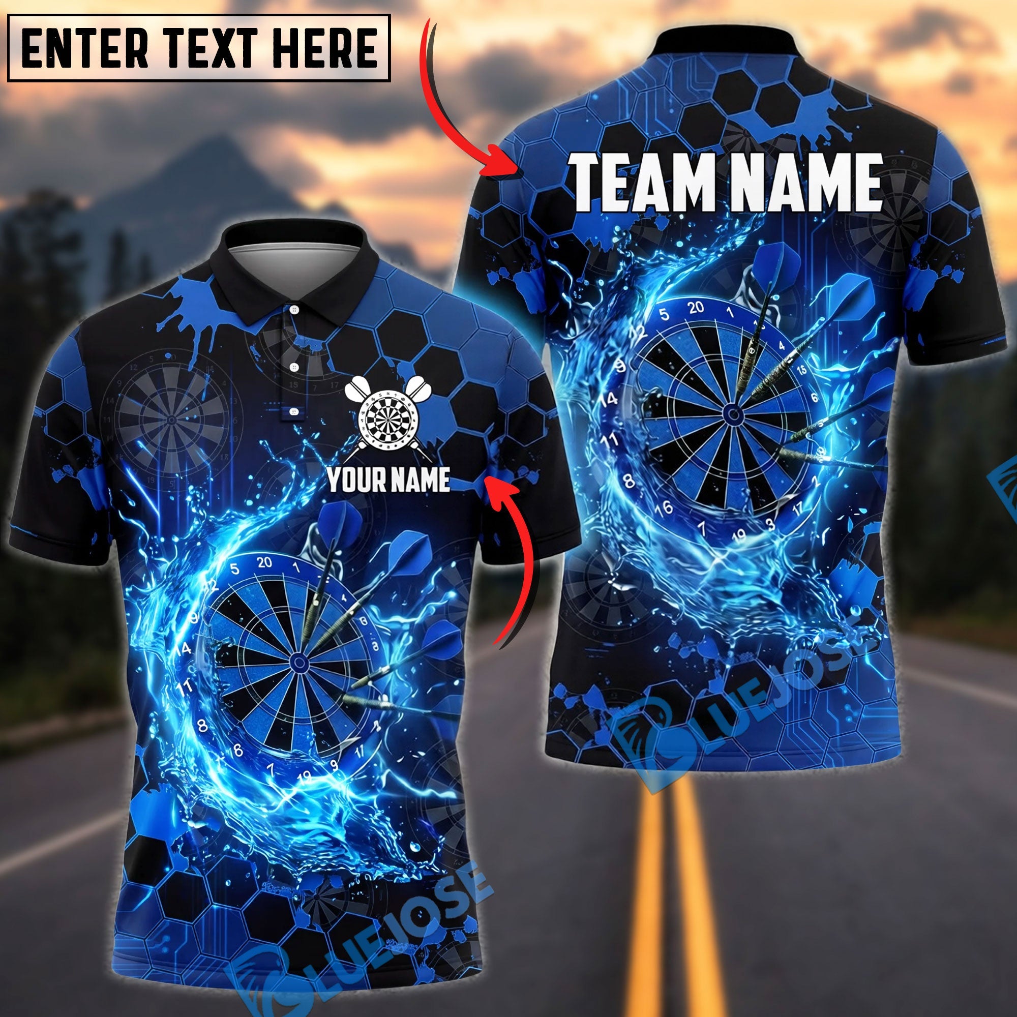 BlueJose Darts Dartboard Splash Water Effect Design Personalized Name, Team Name Unisex Shirt (4 Colors)