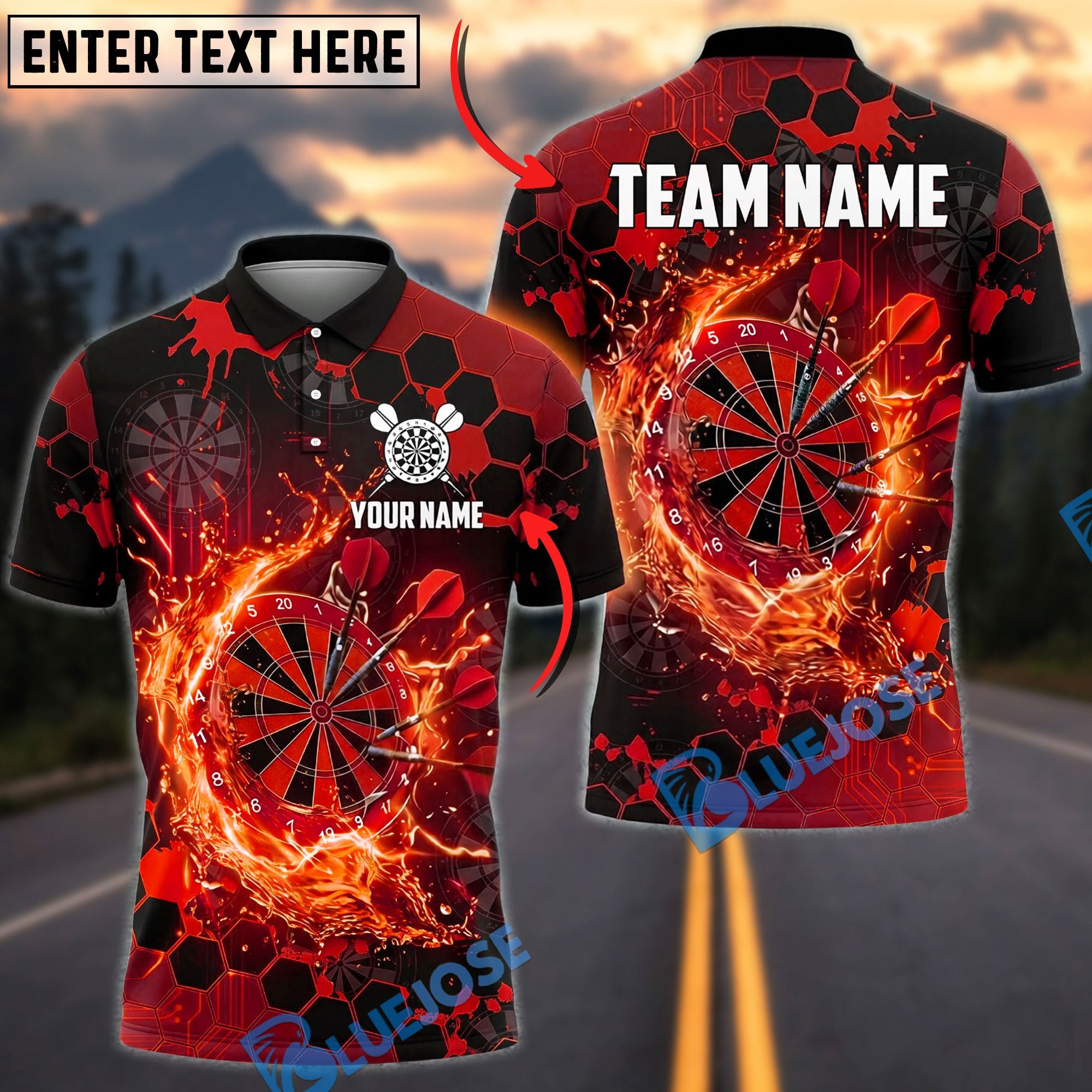 BlueJose Darts Dartboard Splash Water Effect Design Personalized Name, Team Name Unisex Shirt (4 Colors)