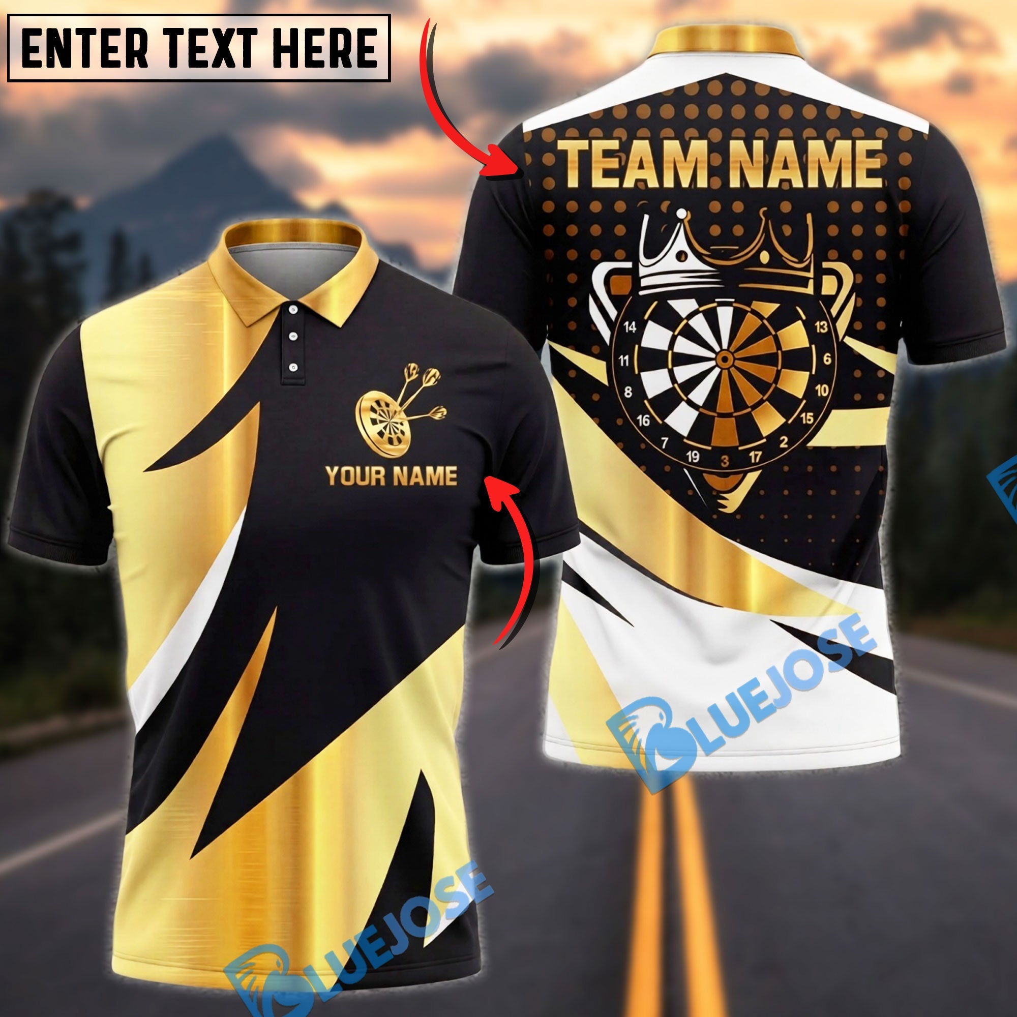 BlueJose Darts Gold Black Dartboard Crown Luxury Style Personalized Name, Team Name Unisex Shirt (6 Colors)