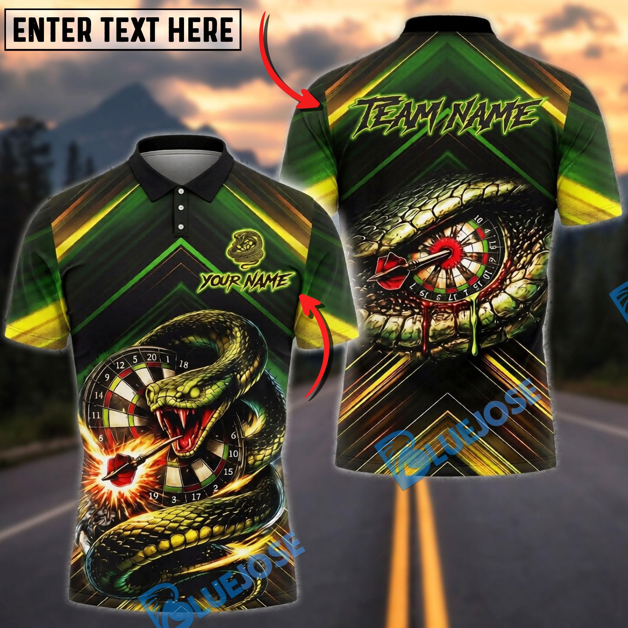 BlueJose Darts Snake Attack Dartboard Venom Strike Graphic Personalized Name, Team Name Unisex Shirt (4 Colors)