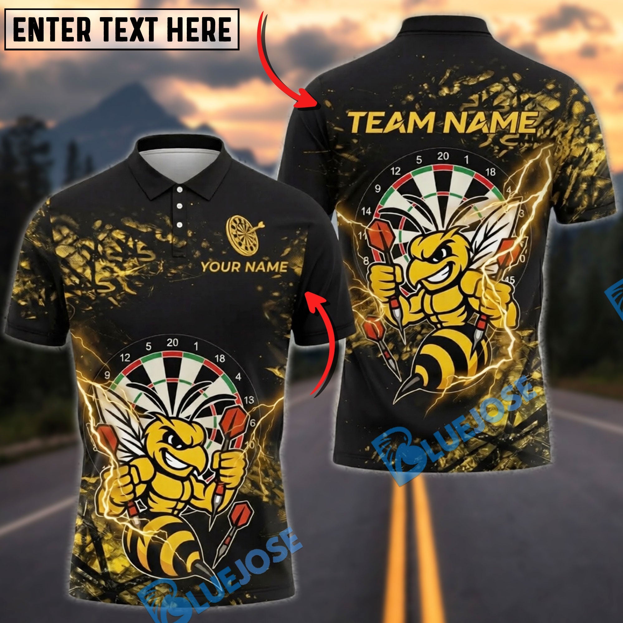 BlueJose Darts Bee Dartboard Lightning Mascot Graphic Personalized Name Shirt