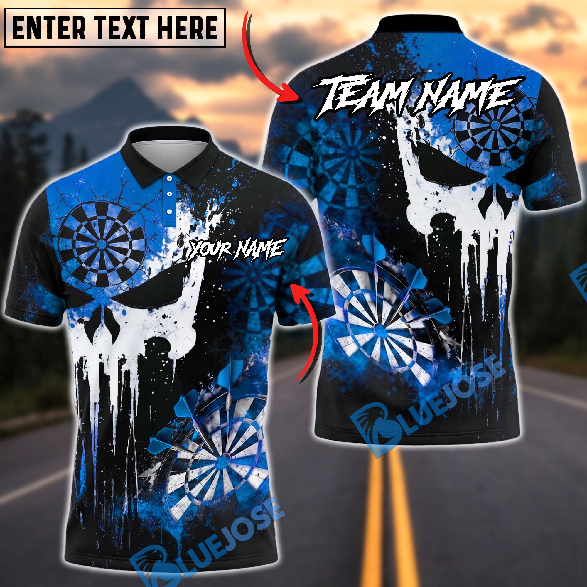 BlueJose Darts Skull Paint Splash Grunge Target Design Personalized Name, Team Name Unisex Shirt (4 Colors)